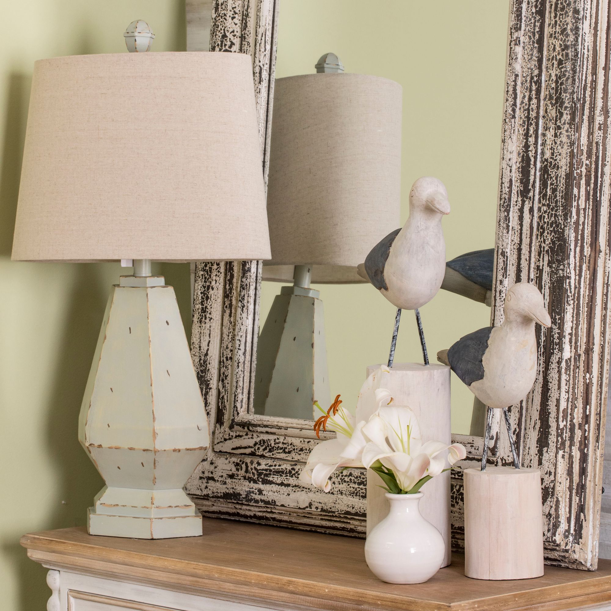 Basilica Sky Weathered White Table Lamp with Off-White Shade