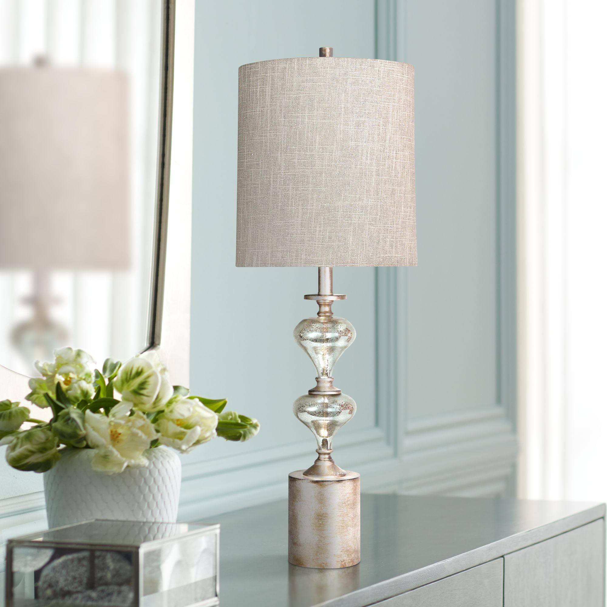 Mercury and Laslo Table Lamp w/ Taupe Hardback Fabric Shade