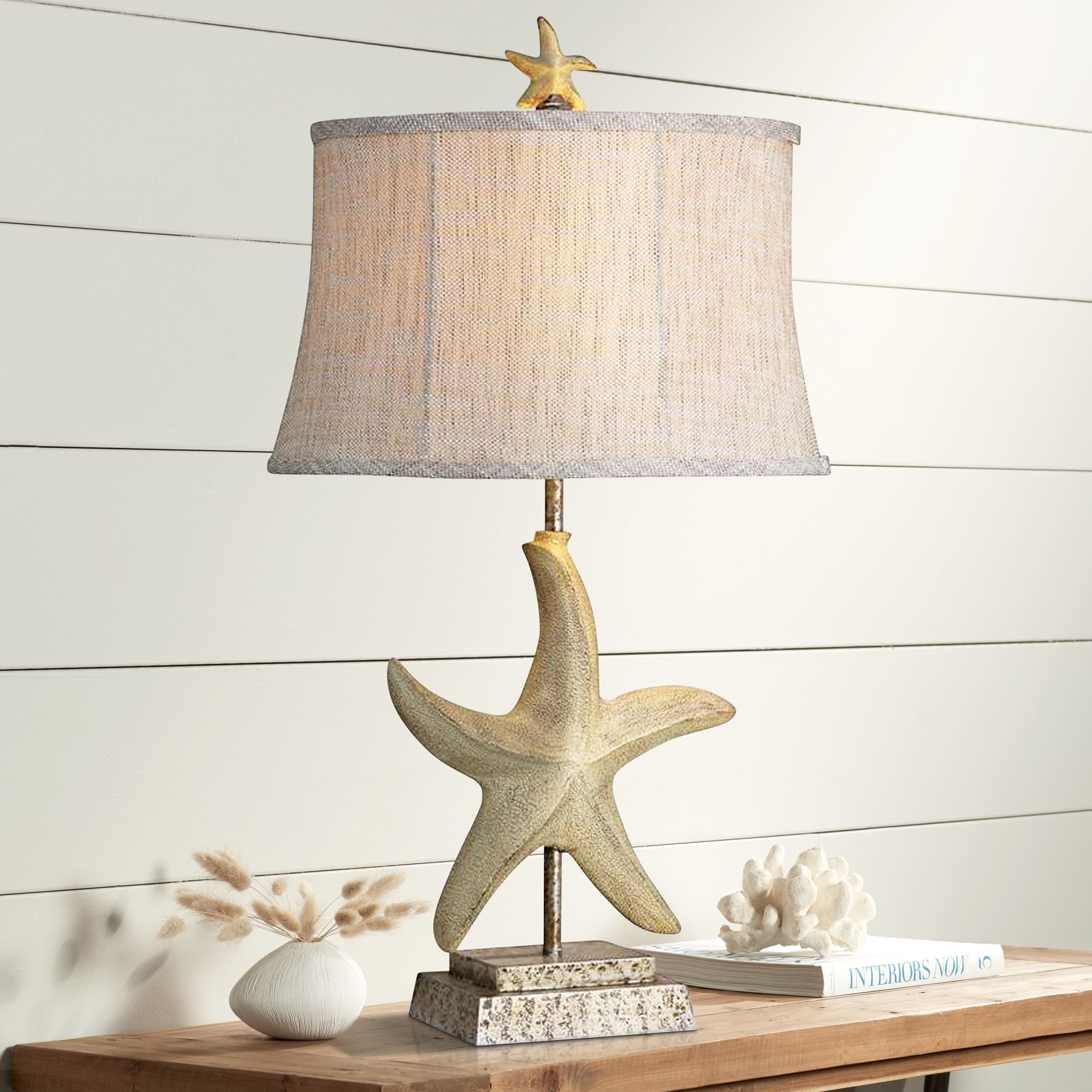 Florentine Sandstone Table Lamp with White Softback Shade