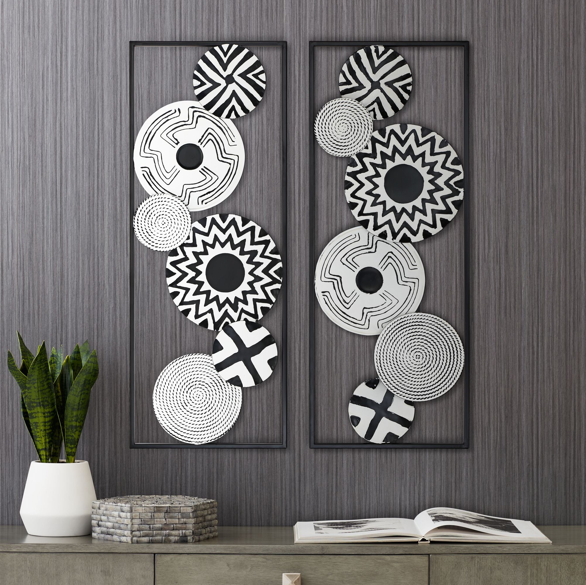 Black and White Discs 35 1/2" High Metal Wall Art Set of 2