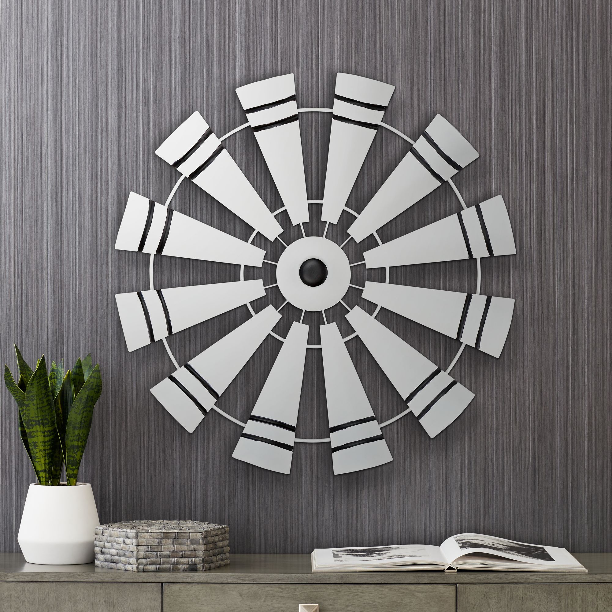Windmill 27 1/2" Round Black and White Metal Wall Art