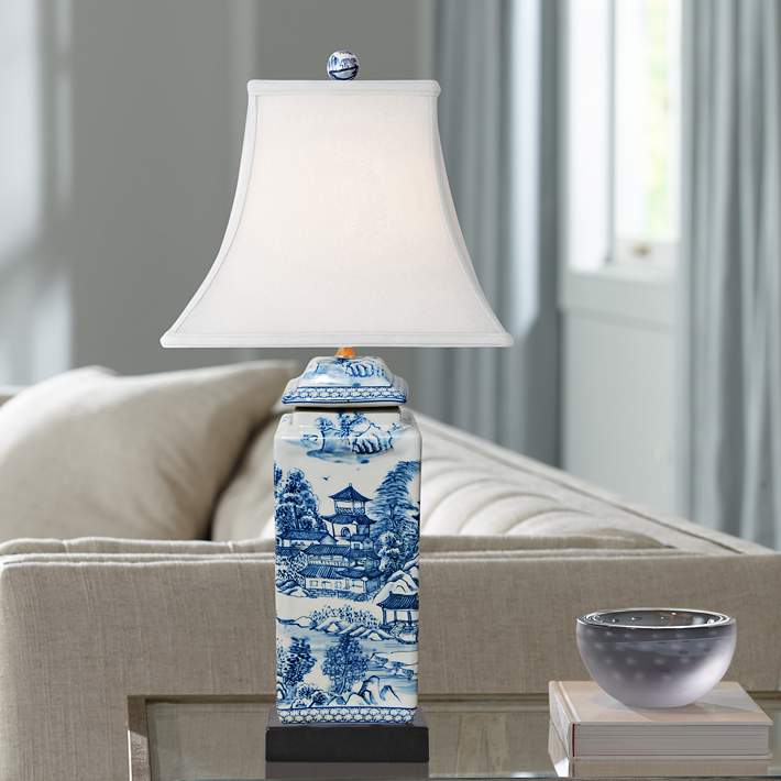 White Square Jar Table Lamp, Small Blue And White Chinoiserie Lamp