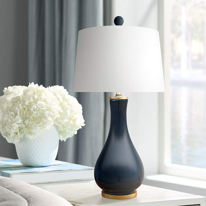 Mia Dark Navy Blue Porcelain Vase, Navy Blue Table Lamps For Living Room