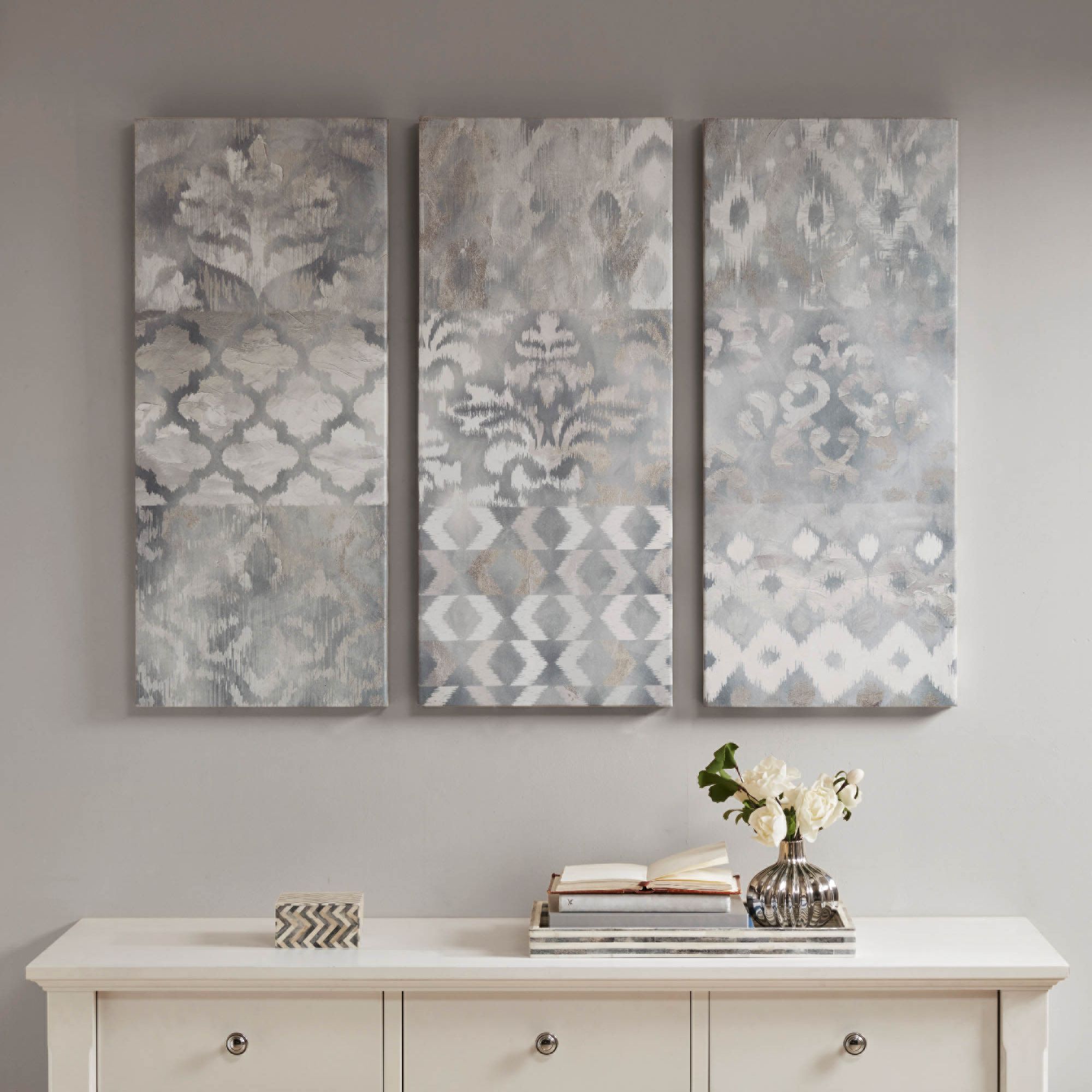 Watercolor Ikat Taupe 35" High 3-Piece Gel Coat Wall Art Set