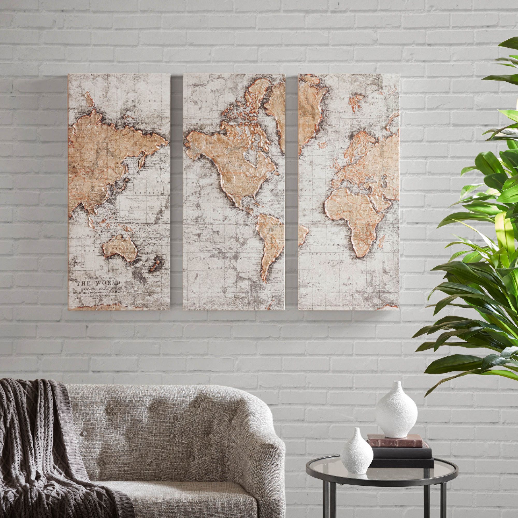 Map of the World 35"H 3-Piece Printed Canvas Wall Art Set