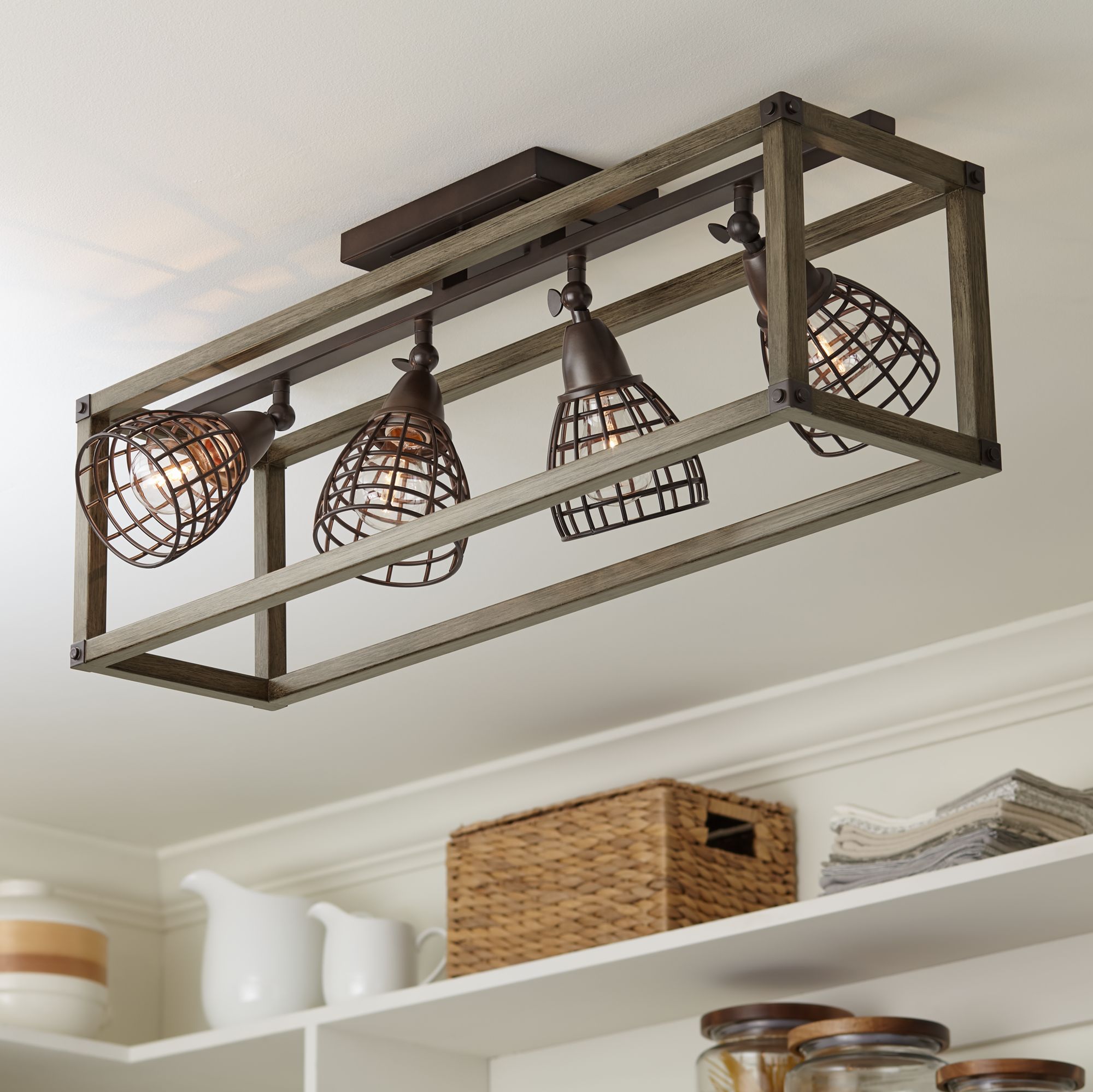 Verdorn 4-Light Oiled Bronze with Wood Cage Track Fixture
