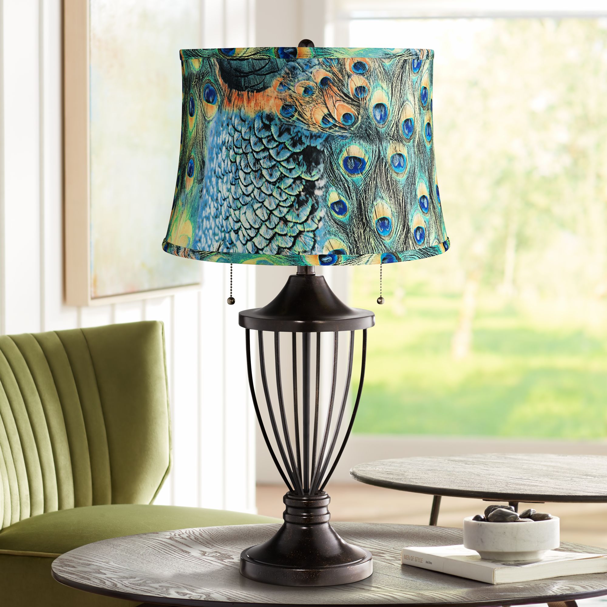 Peacock Print Shade Bronze Urn Table Lamp