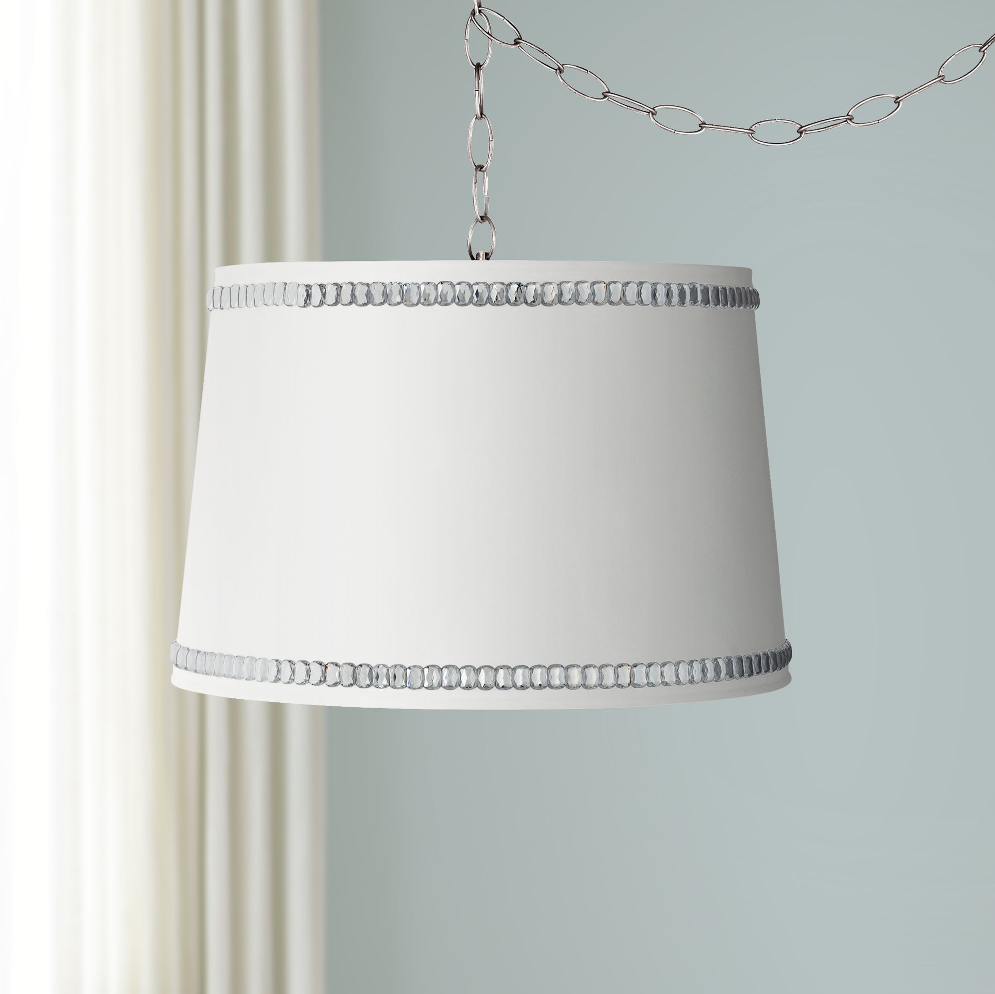 White Drum Shade 15"W Brushed Nickel Plug-In Swag Chandelier