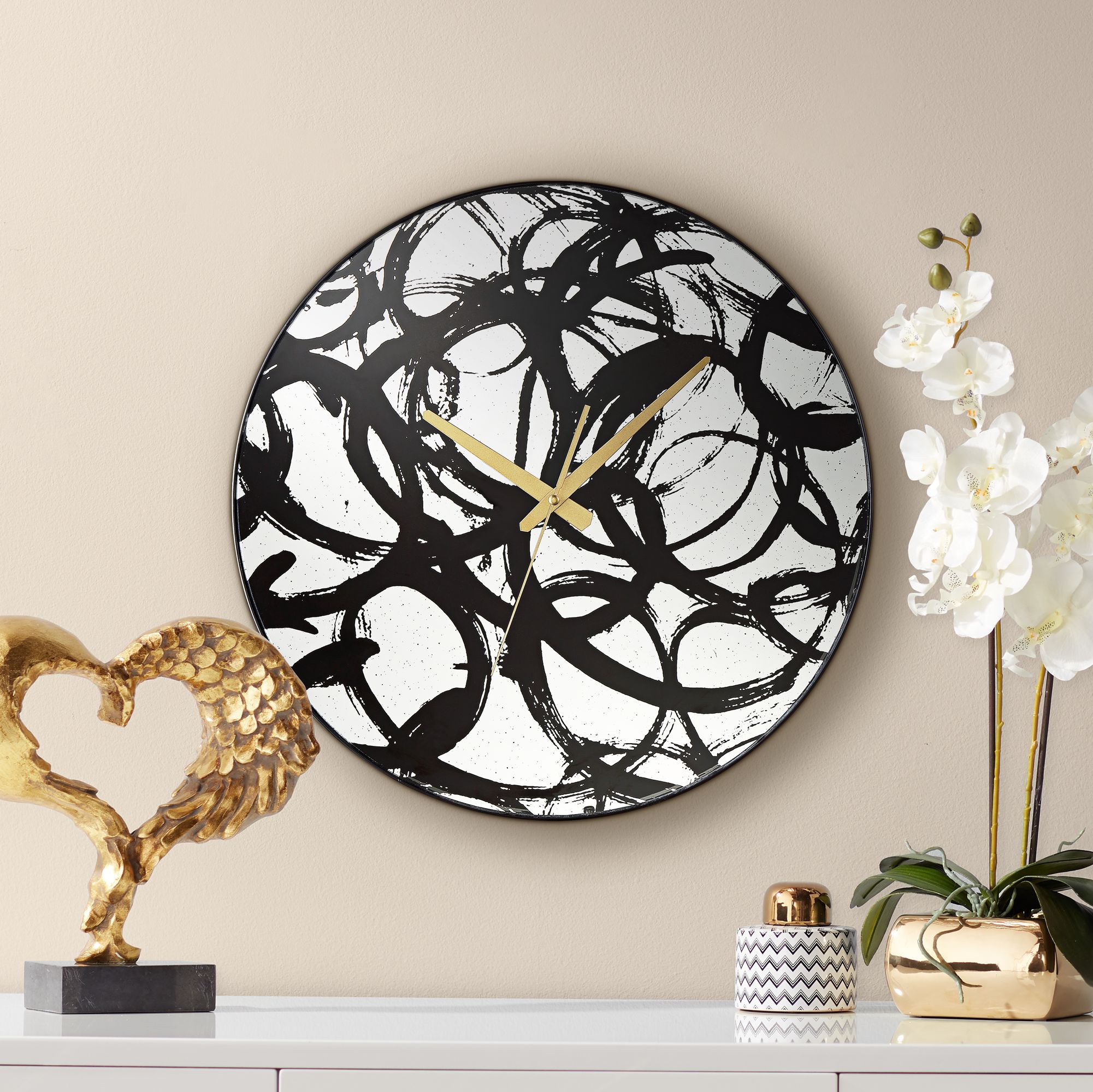 Allana Black Print 17 3/4" Round Mirrored Wall Clock