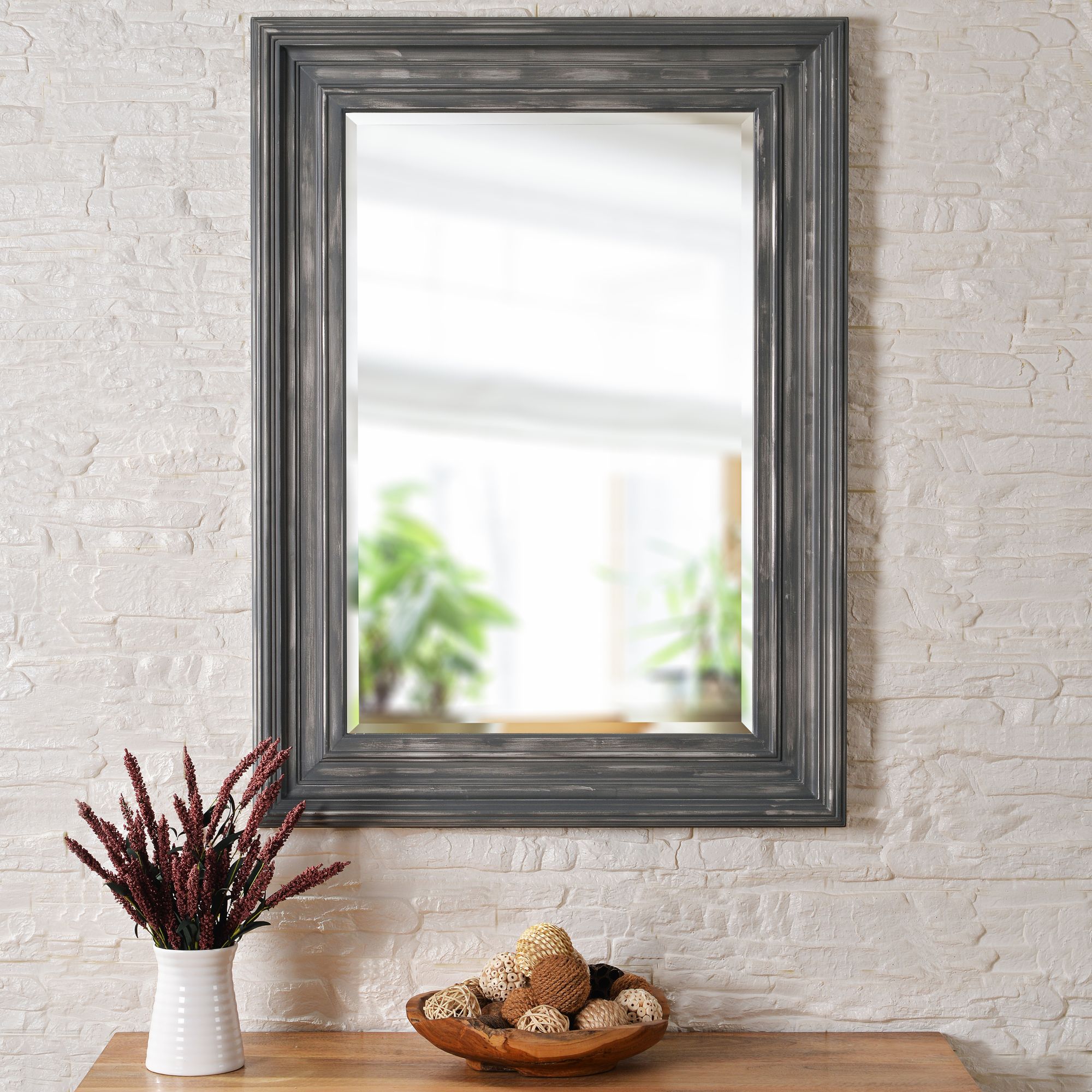 Wyandotte Distressed Gray and Silver 28" x 38" Wall Mirror