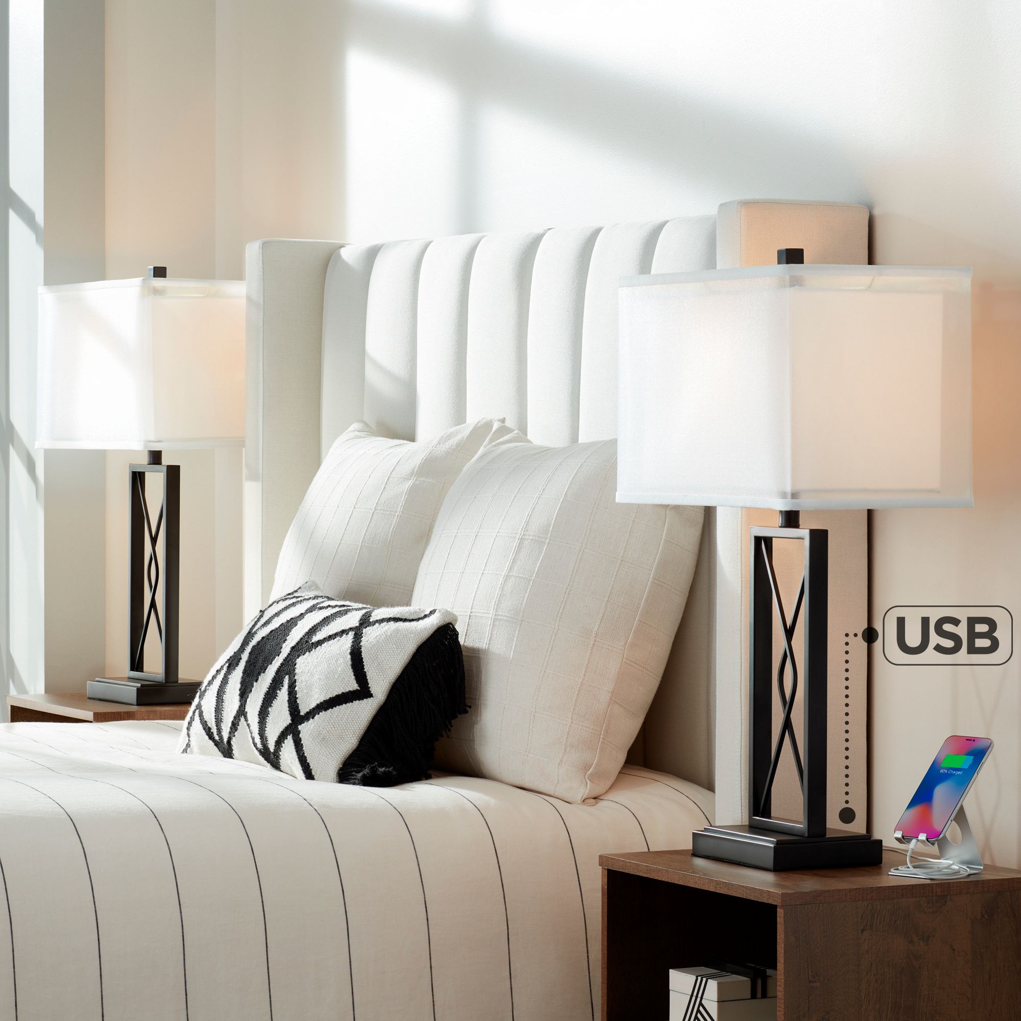 Possini Euro Lois Black Table Lamps Set of 2 with USB Ports