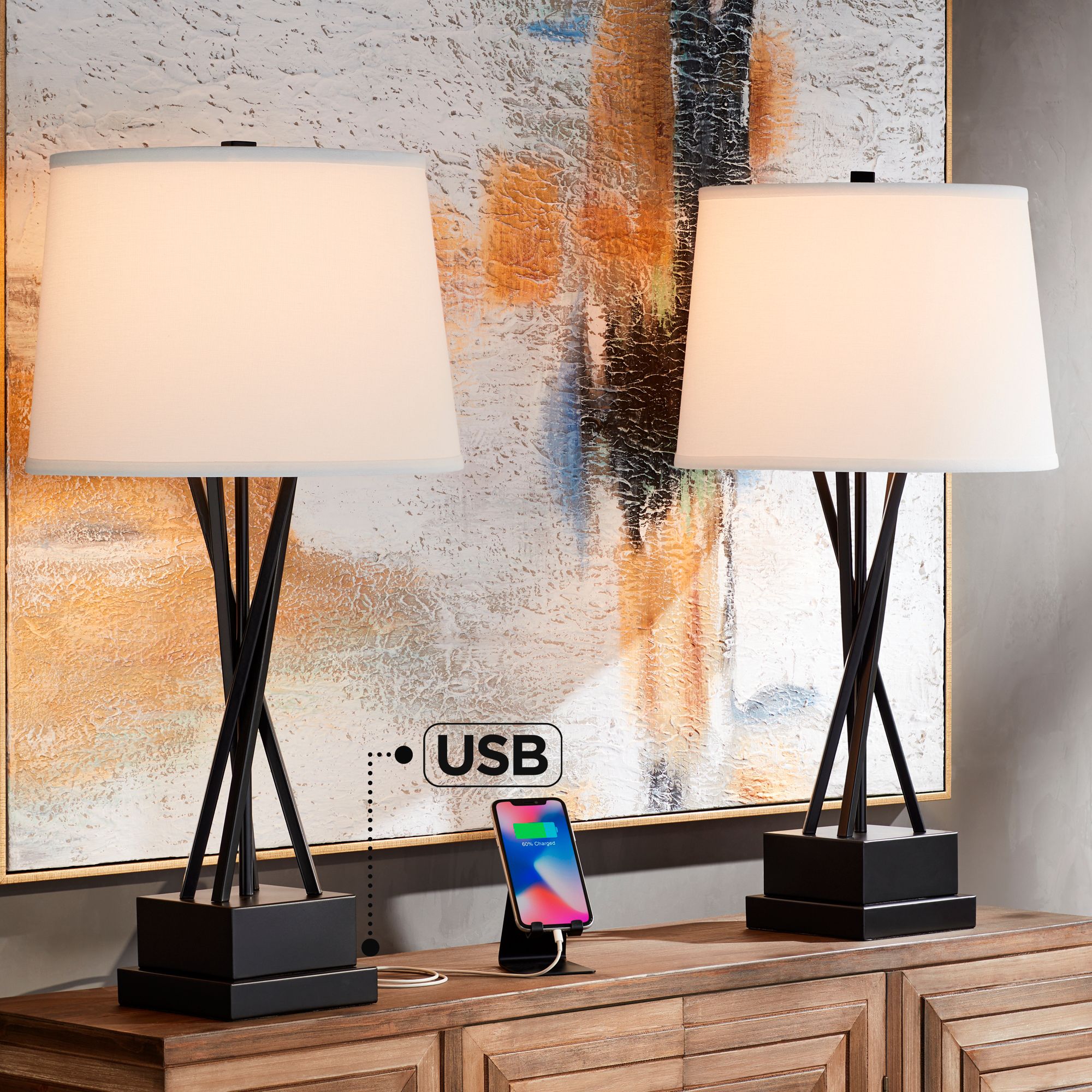 Possini Euro Design Neva Black Finish Modern USB Table Lamps Set of 2
