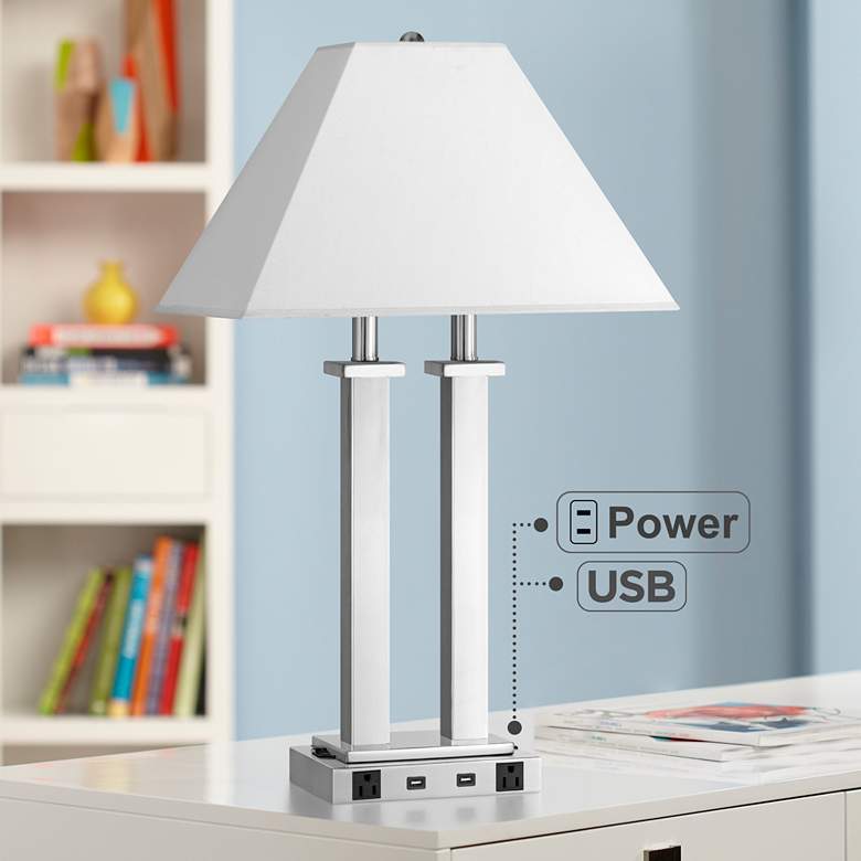Image 1 Maxim Double Light Brushed Steel Metal Desk Lamp w/ USB Port