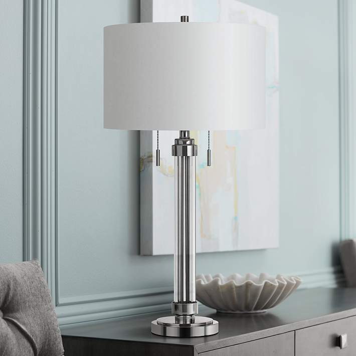 Montilla Brushed Steel Metal Table, Brushed Steel Glass Table Lamp