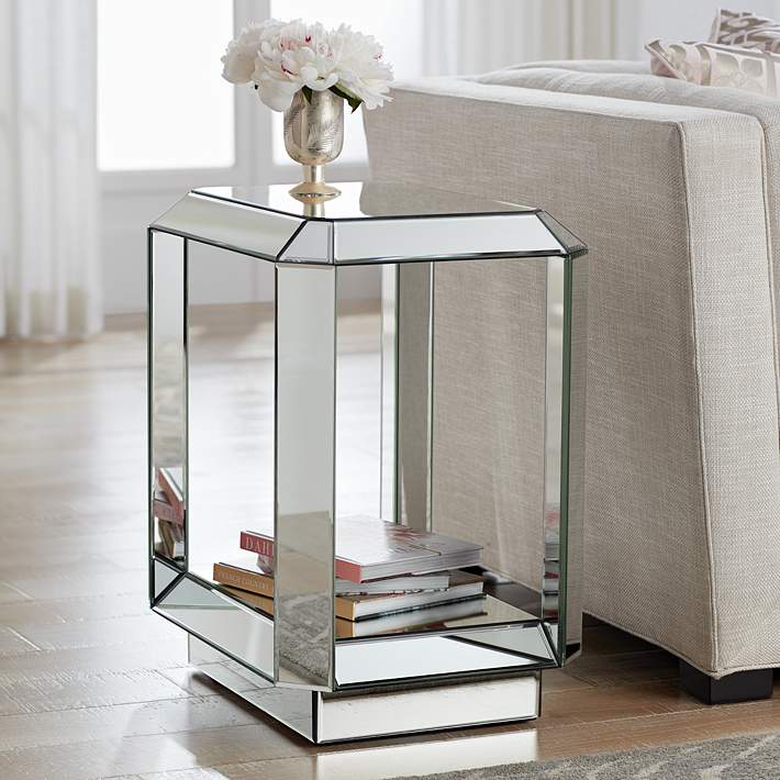 Hillary 21 Wide Open Shelf Mirror End, Contemporary Mirrored Side Table