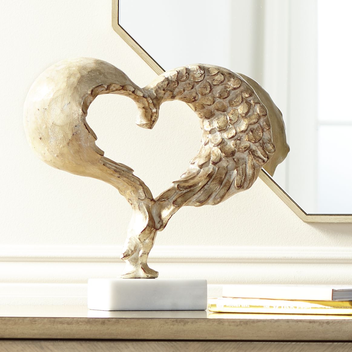 Romance 12"H Whitewashed Gold Heart Sculpture on Marble Base