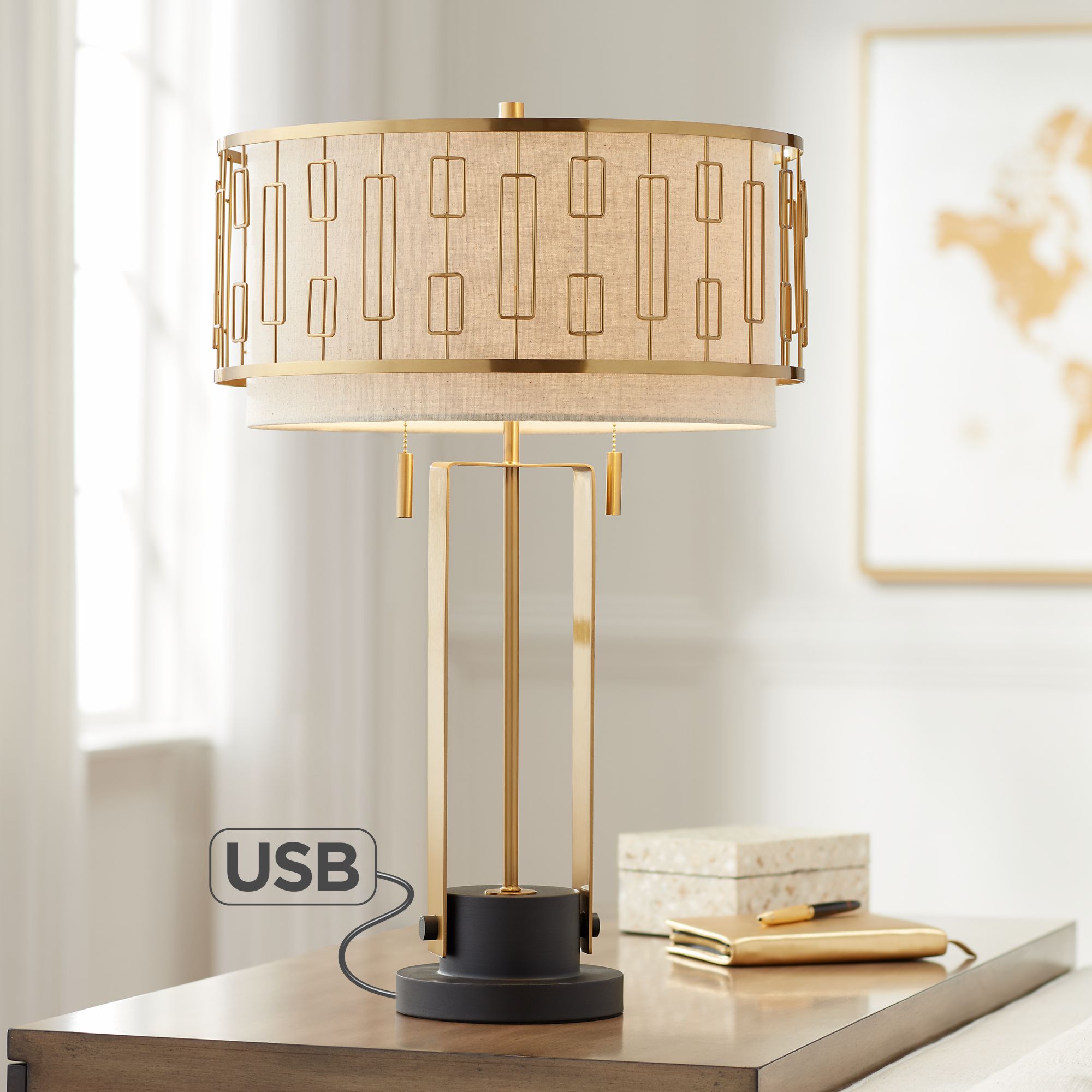 Possini Euro Raymond Gold Metal Table Lamp with USB Port