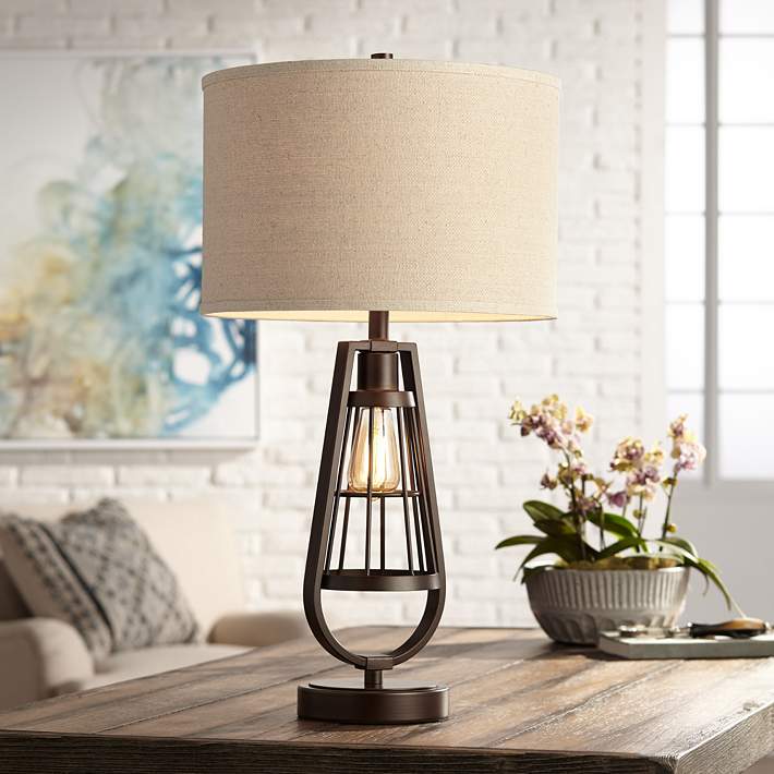Topher Brown Metal Table Lamp With Led, Industrial Metal Table Light
