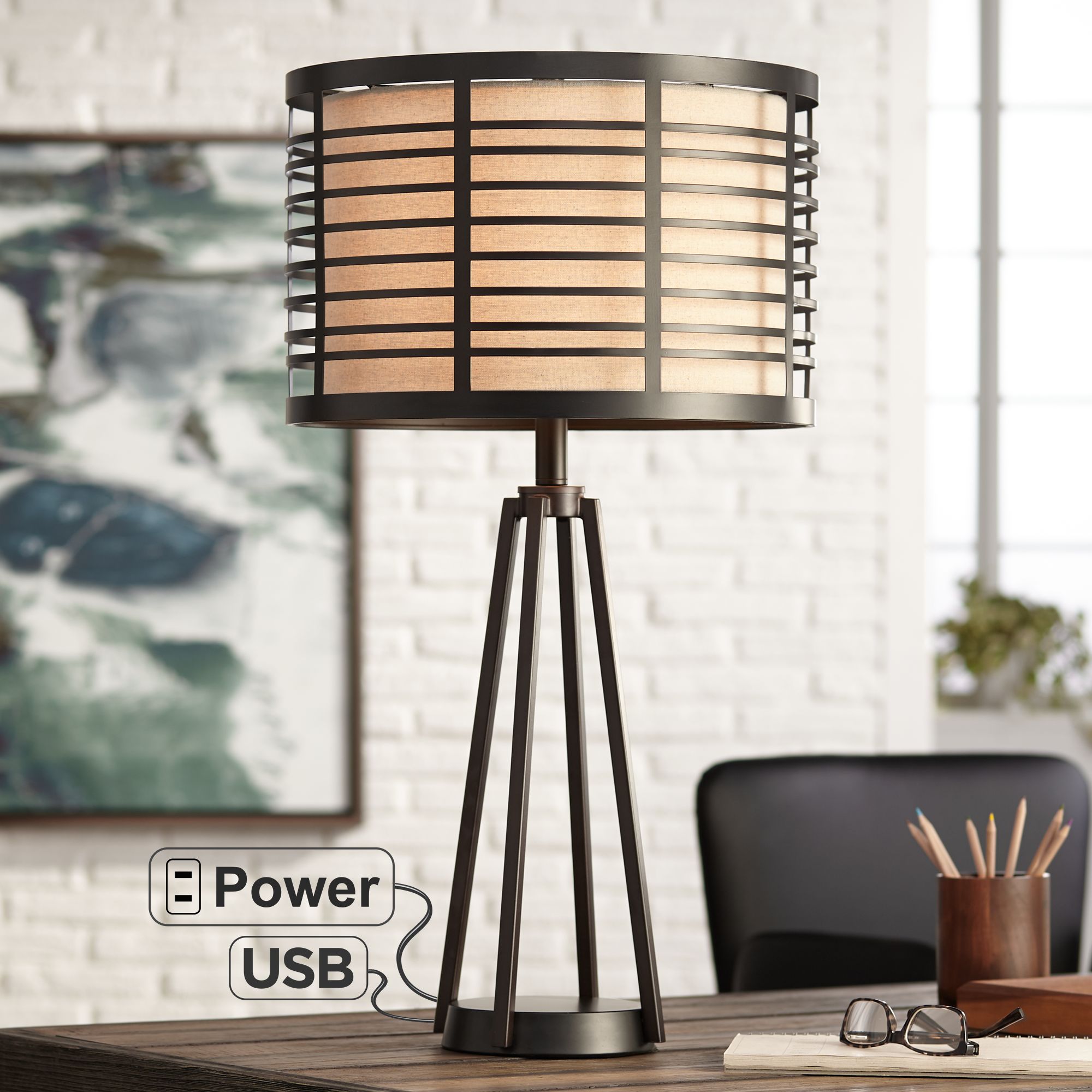 Stephan Industrial Metal Table Lamp with USB Port and Plug