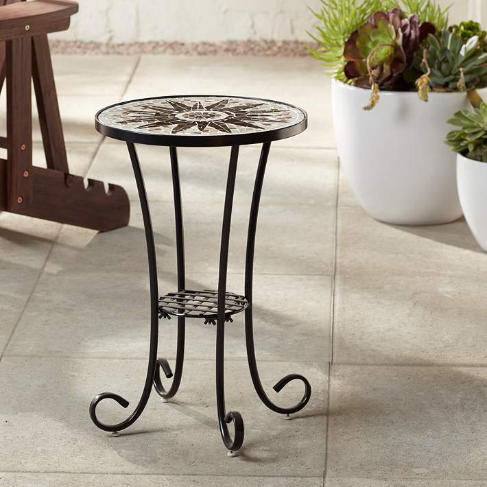 Sunburst Mosaic Black Outdoor Accent, Black Wrought Iron Outdoor Side Table
