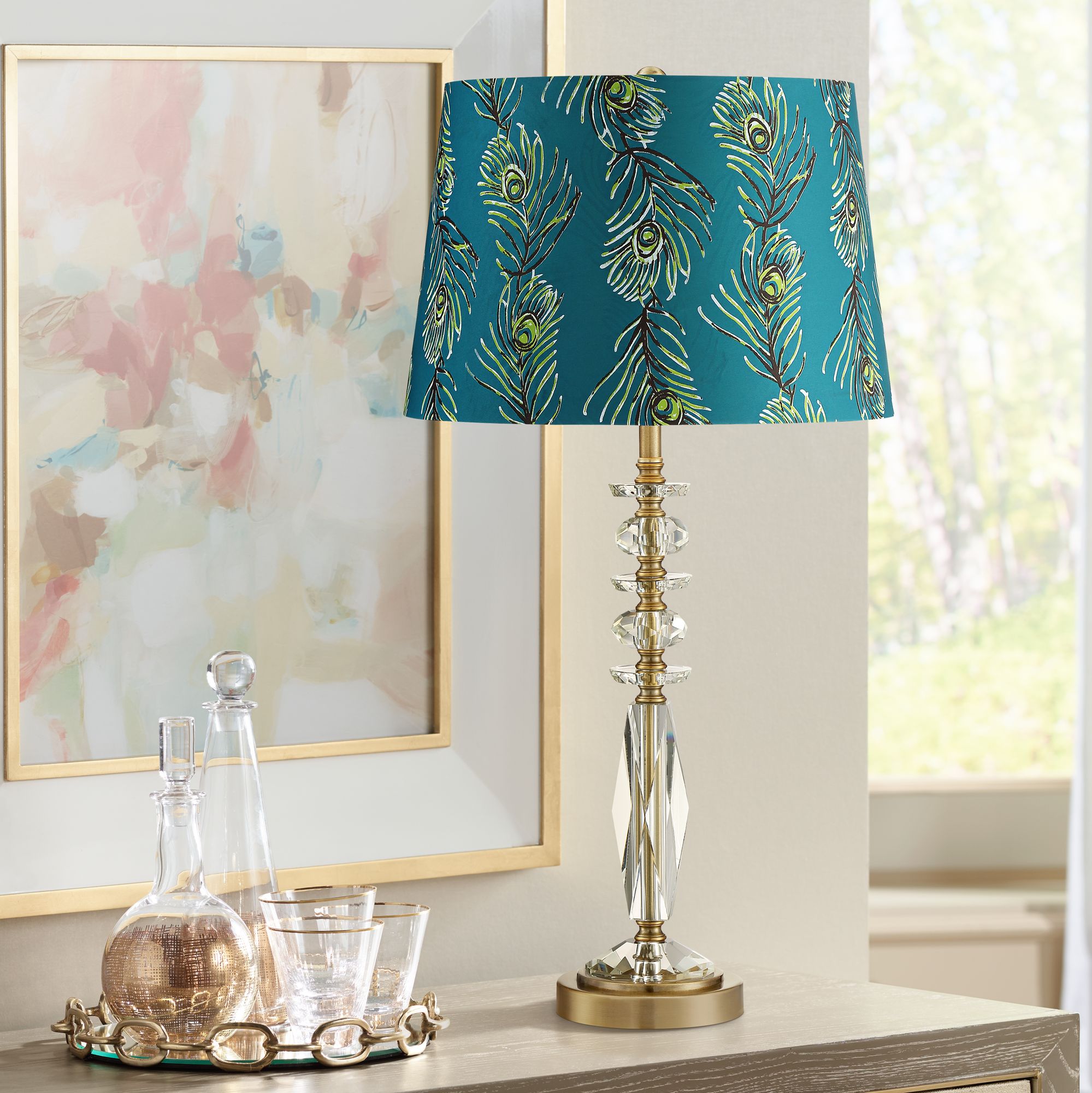 Pavone Crystal Table Lamp with Peacock Feather Print Shade