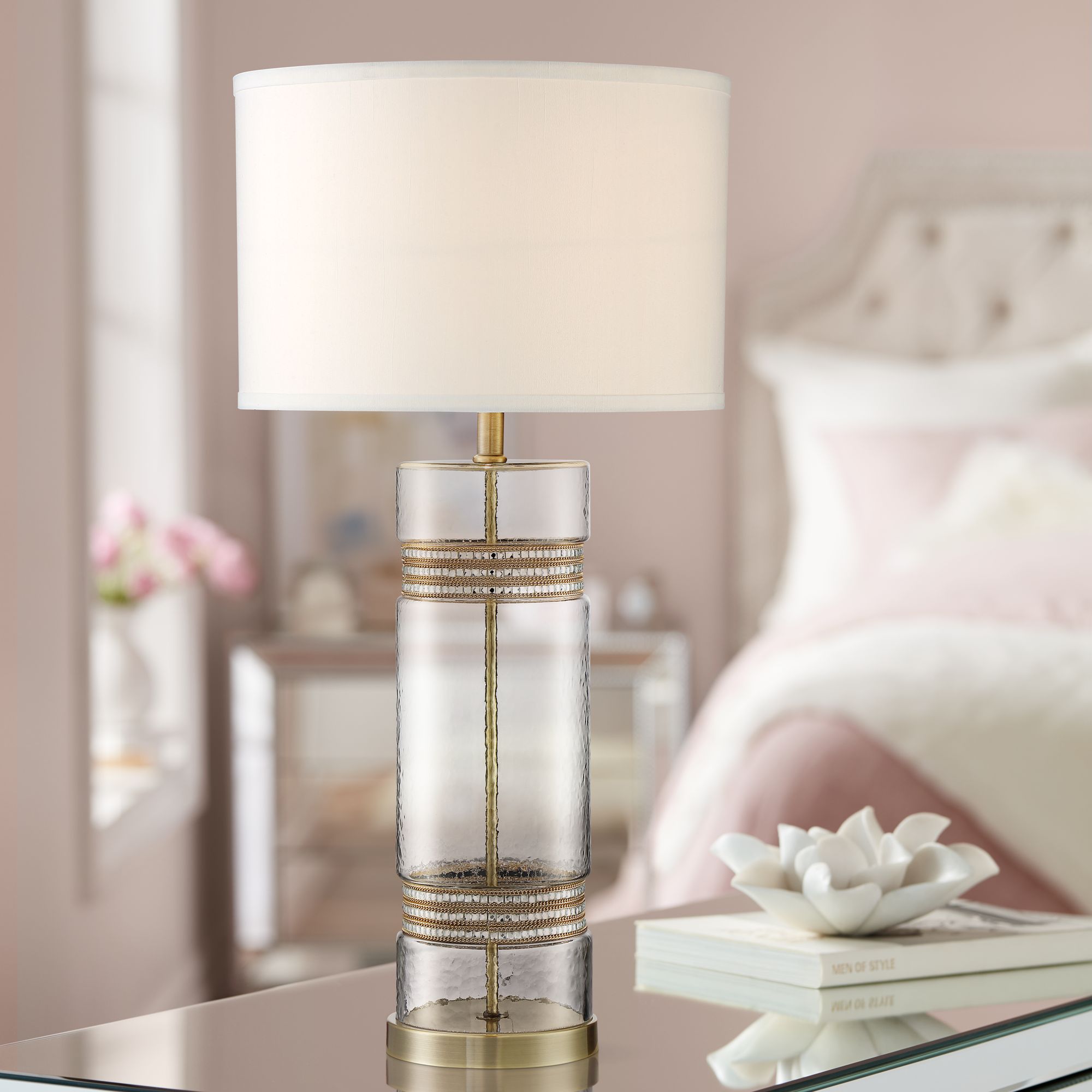 Possini Euro Mame Glass Column Jeweled Trim Table Lamp