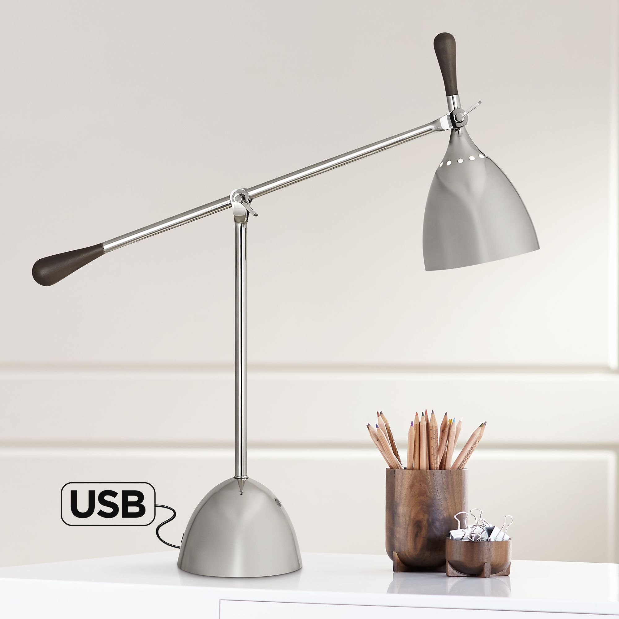 Robert Abbey Ledger Polished Nickel Desk Lamp with USB Port