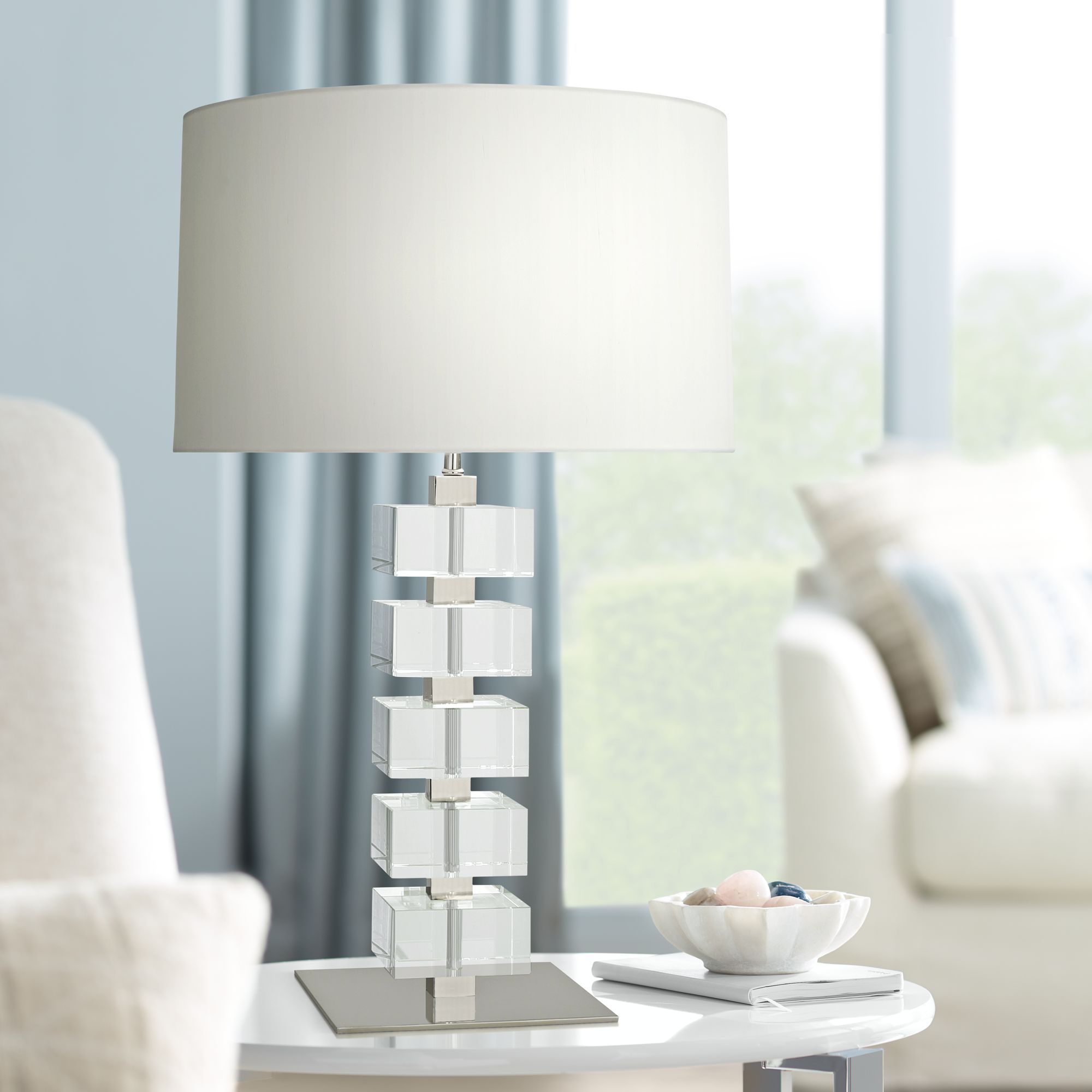 Jonathan Adler Monaco Polished Nickel Clear Block Table Lamp - #64F94