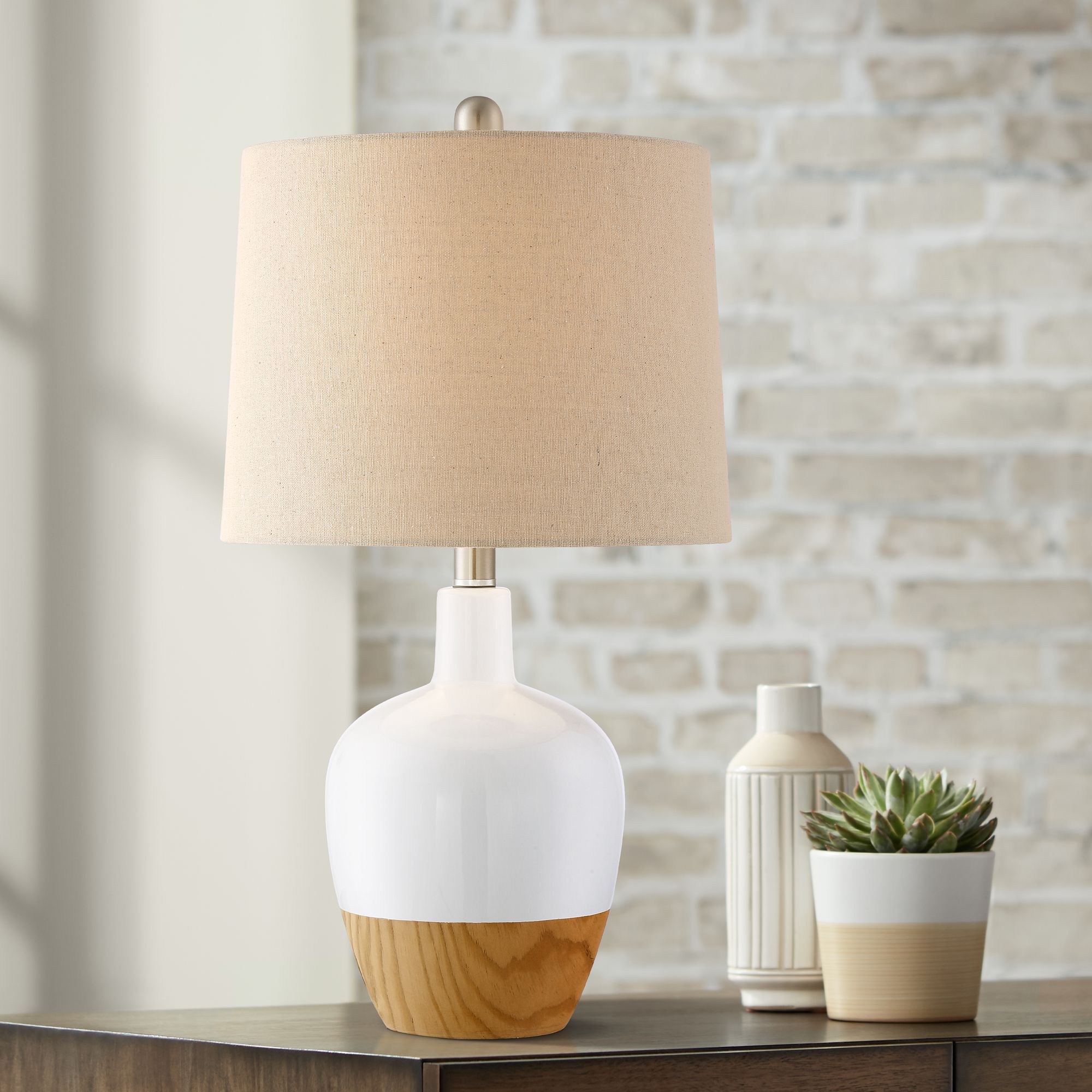 Kailani White Ceramic and Wood Modern Table Lamp
