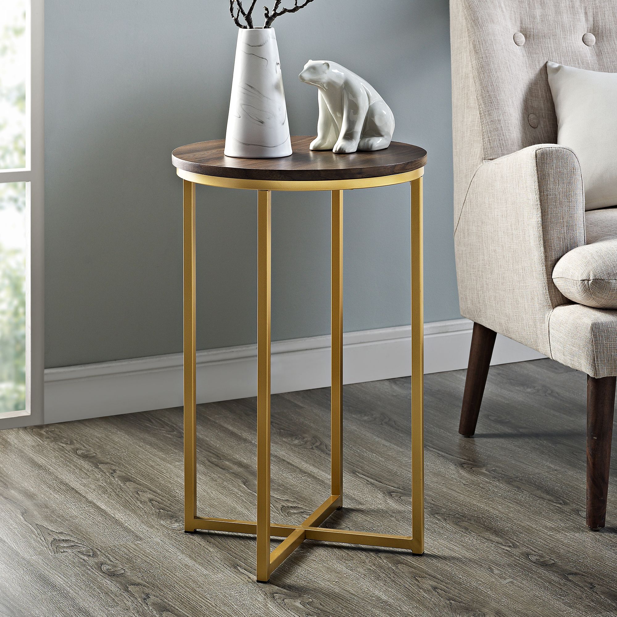 Aurelia 16" Wide Dark Walnut and Gold Metal Round Side Table