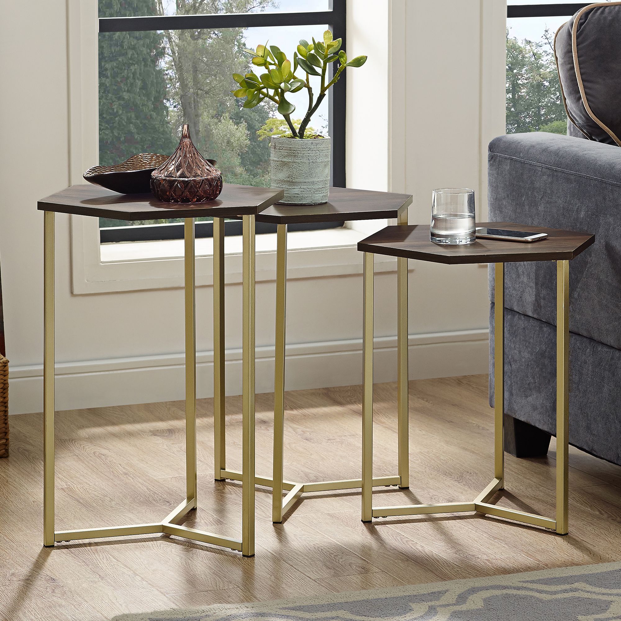 Hex Dark Walnut Top and Gold Metal Tables Set of 3