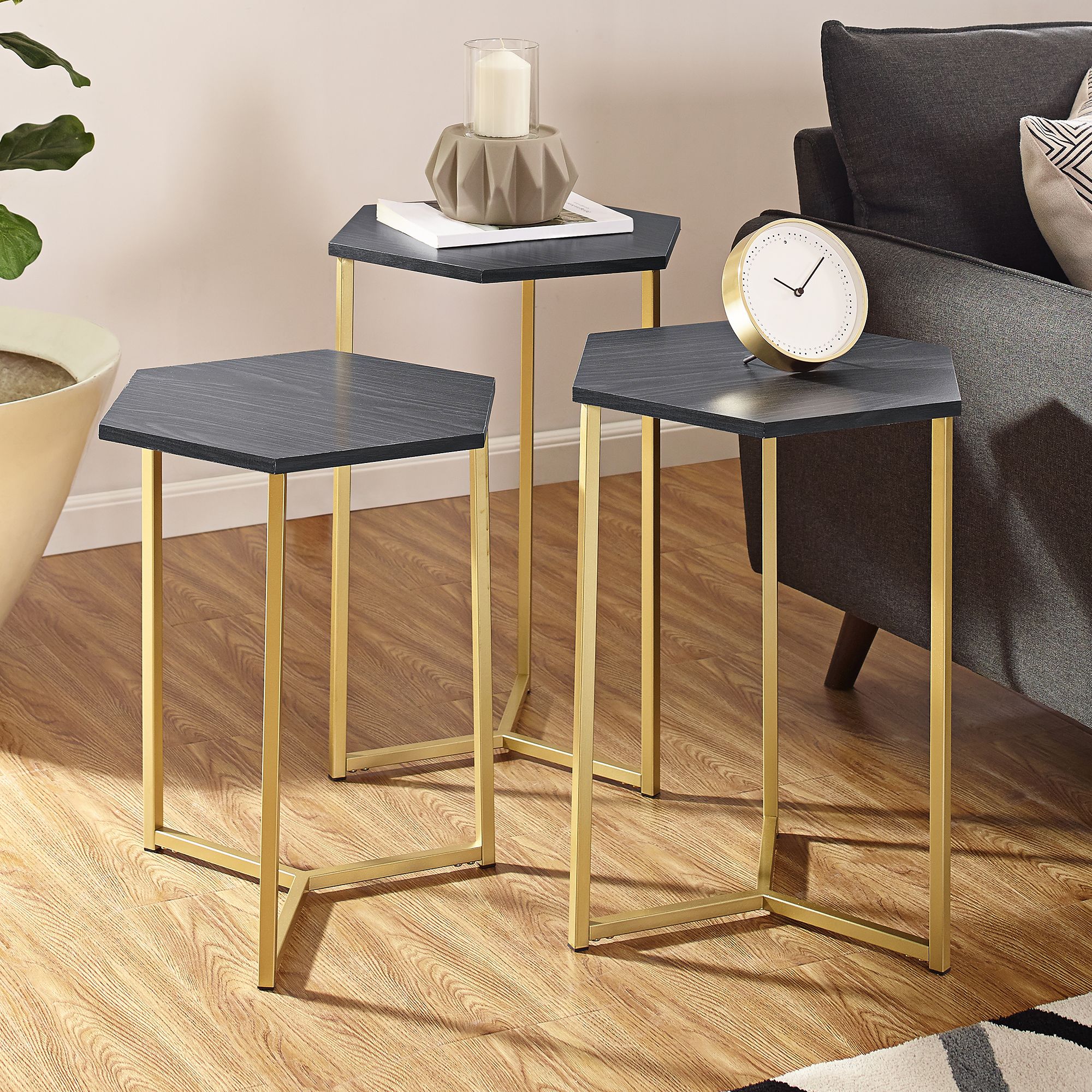 Hex Graphite Top and Gold Metal Tables Set of 3