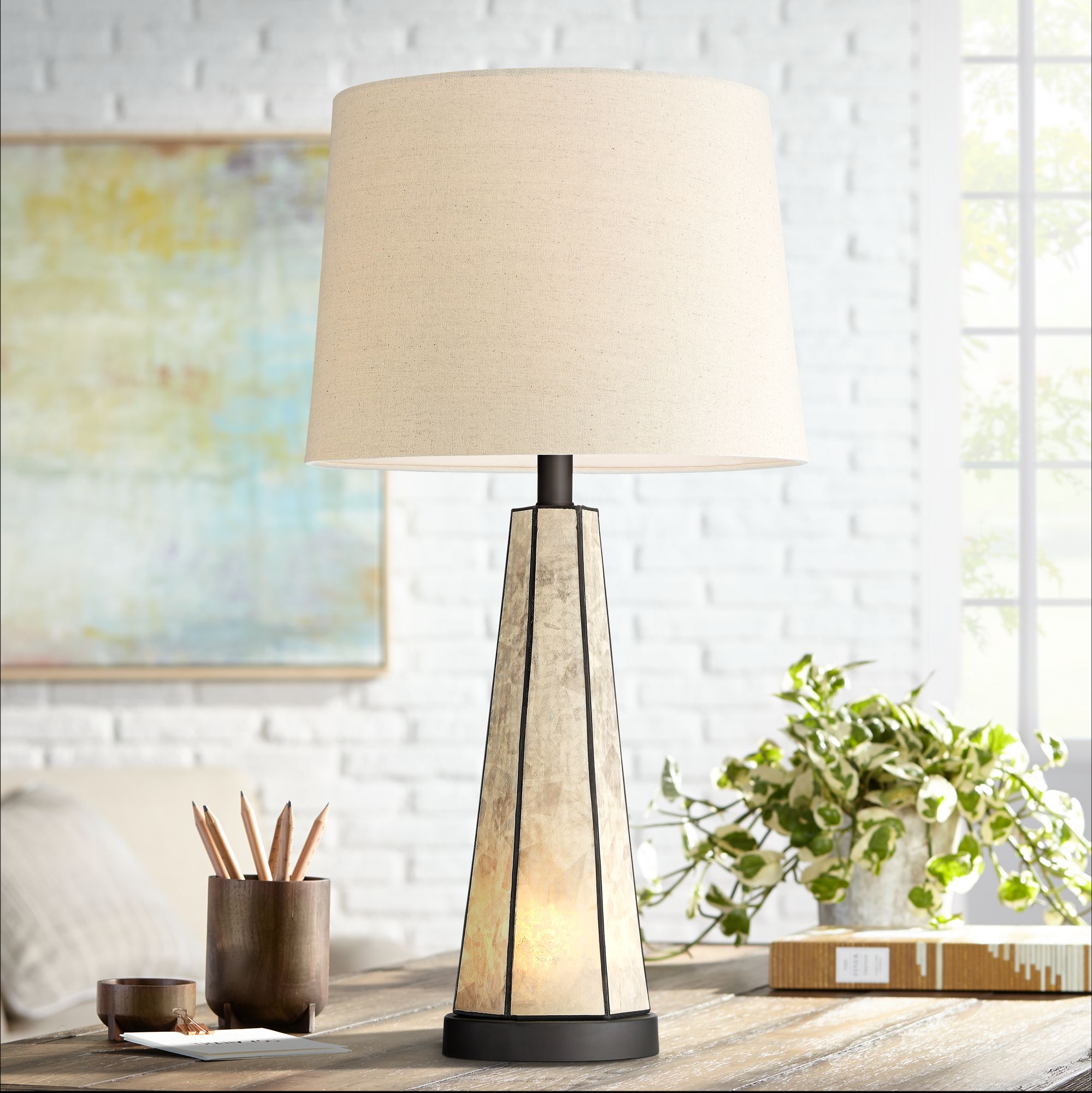 Melia Bronze Geometric Mica Table Lamp with Night Light