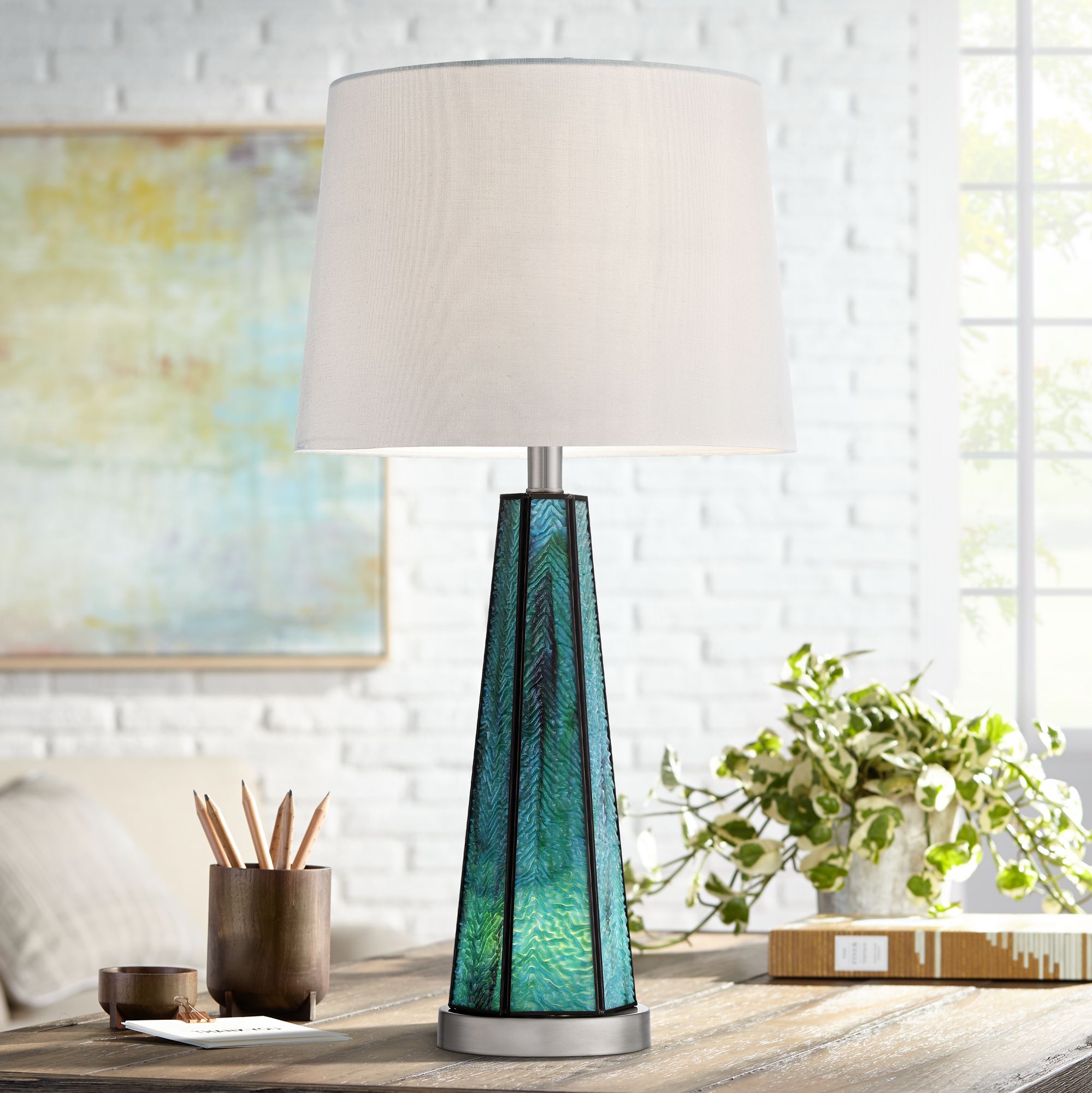 Delia Blue Art Glass Table Lamp with Night Light
