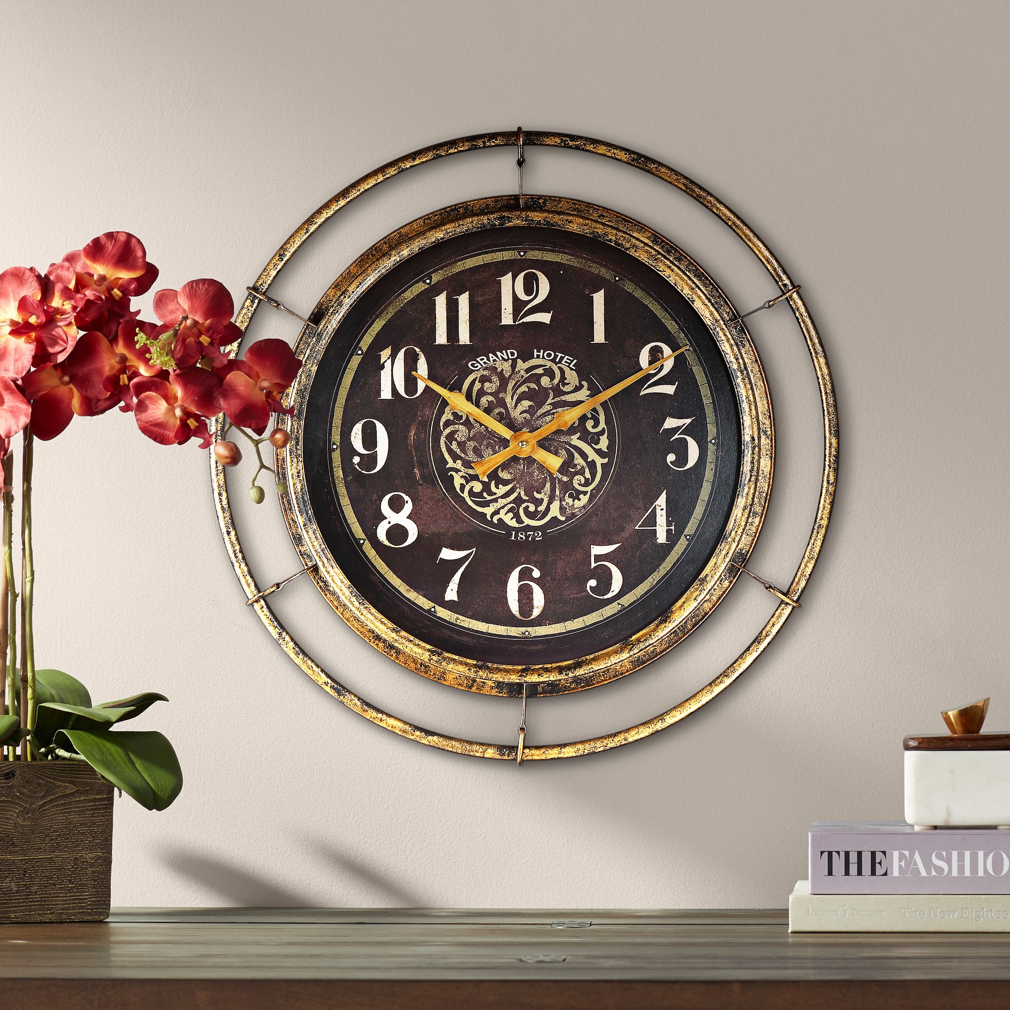 Stewart 23" Wide Distressed Gold and Brown Metal Wall Clock