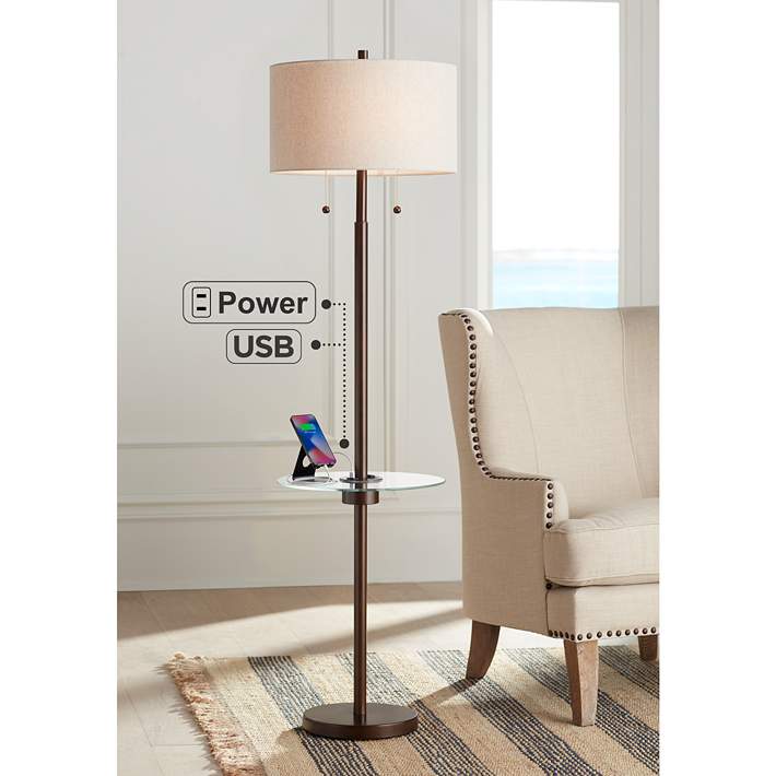 Morrow Bronze Tray Table Floor Lamp With Usb Port And Outlet