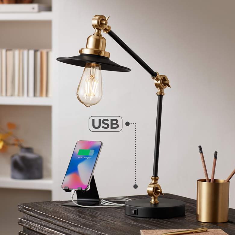 Taurus Black and Gold Adjustable Desk Lamp with USB Port