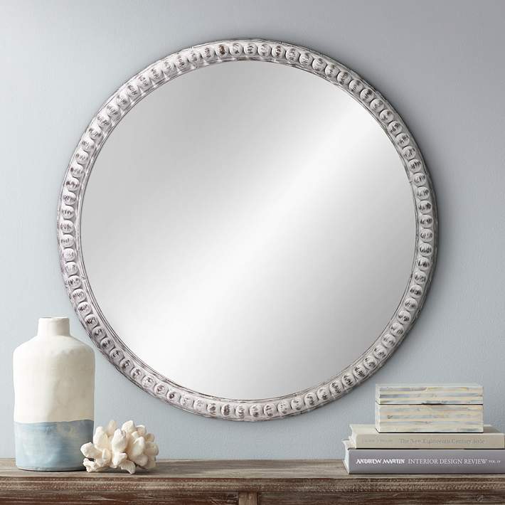 Jamie Young Audrey White Wood Beaded 30, 30 Round Mirror