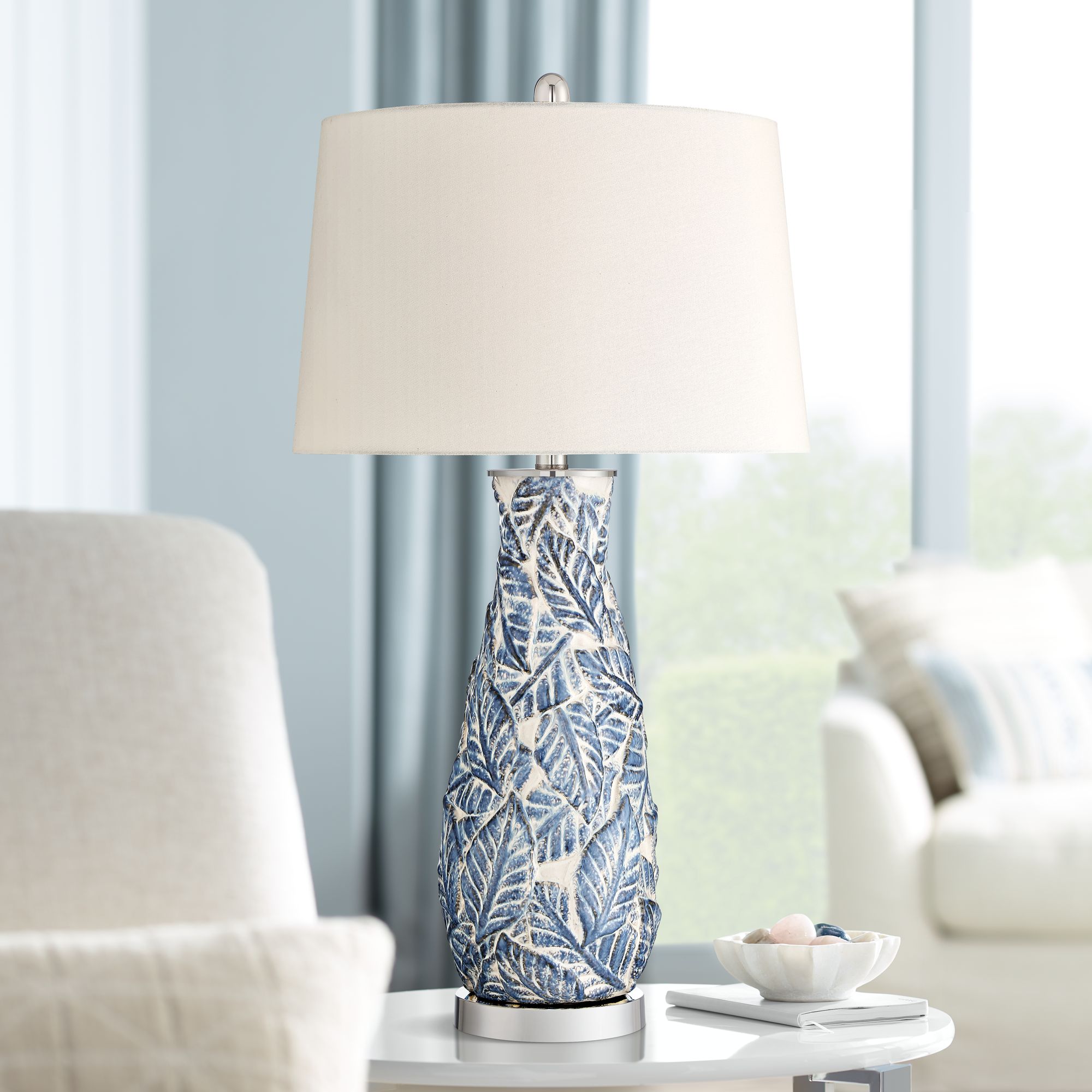 Lynn Blue and White Leaves Ceramic Vase Table Lamp