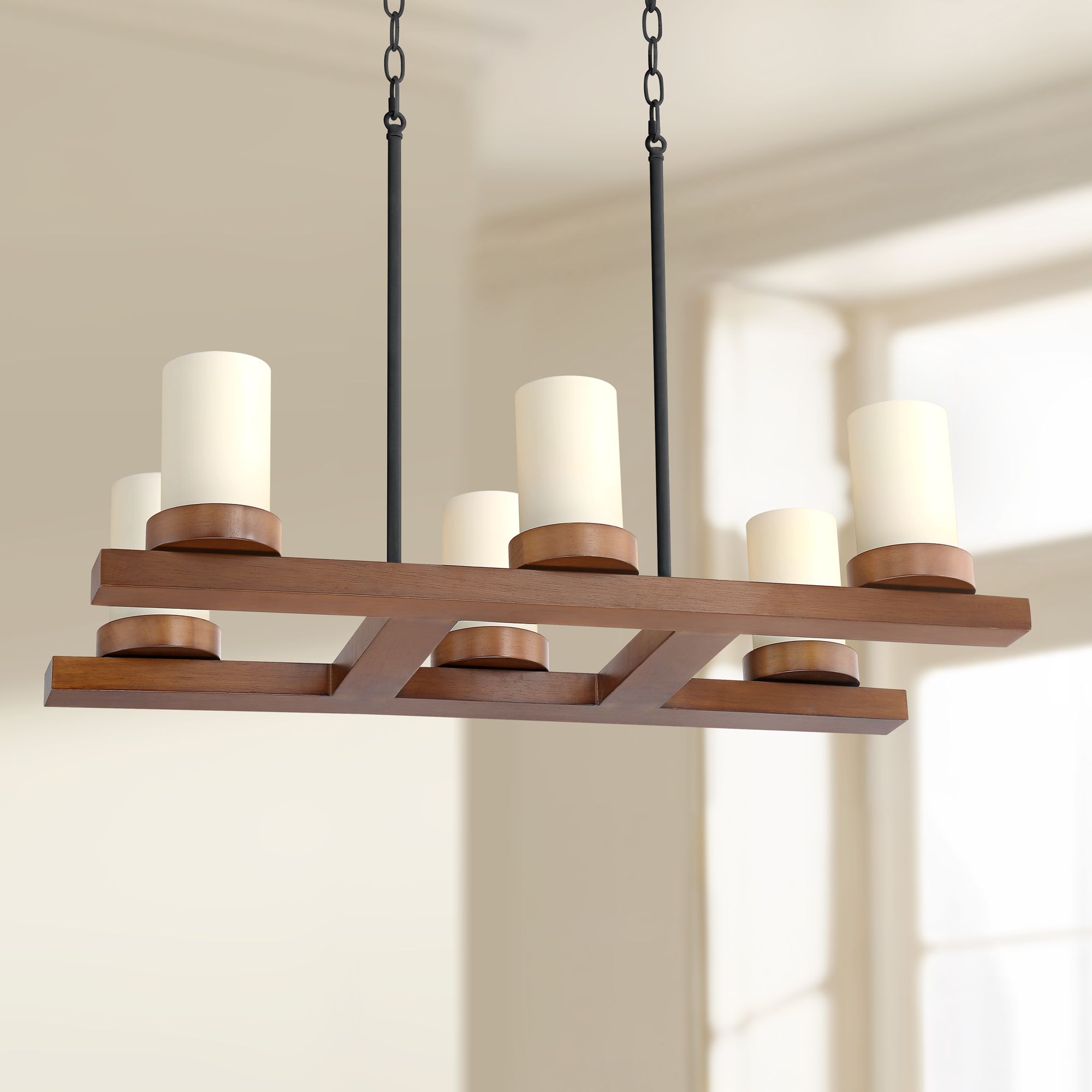 Yelm 31 1/2" Wide Textured Black and Wood 6-Light Chandelier