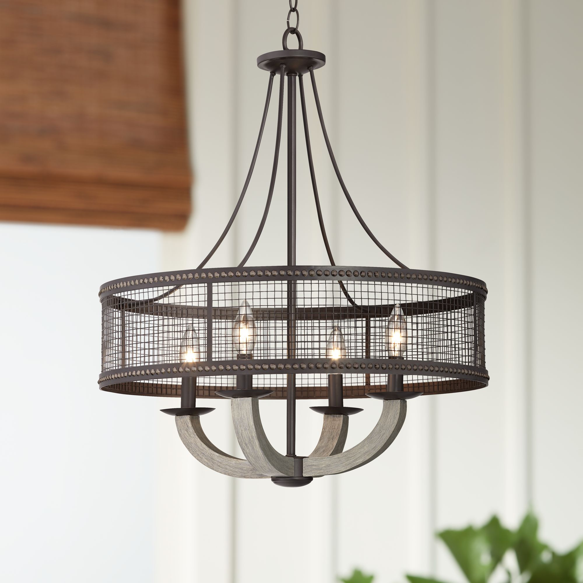 Harlen 22" Wide Bronze and Gray Wood 4-Light Pendant