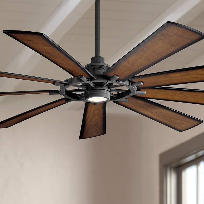 85 Kichler Gentry Xl Led Black Wagon Wheel Fan With Wall Control 65c09 Lamps Plus - Kichler Rustic Ceiling Fans With Lights
