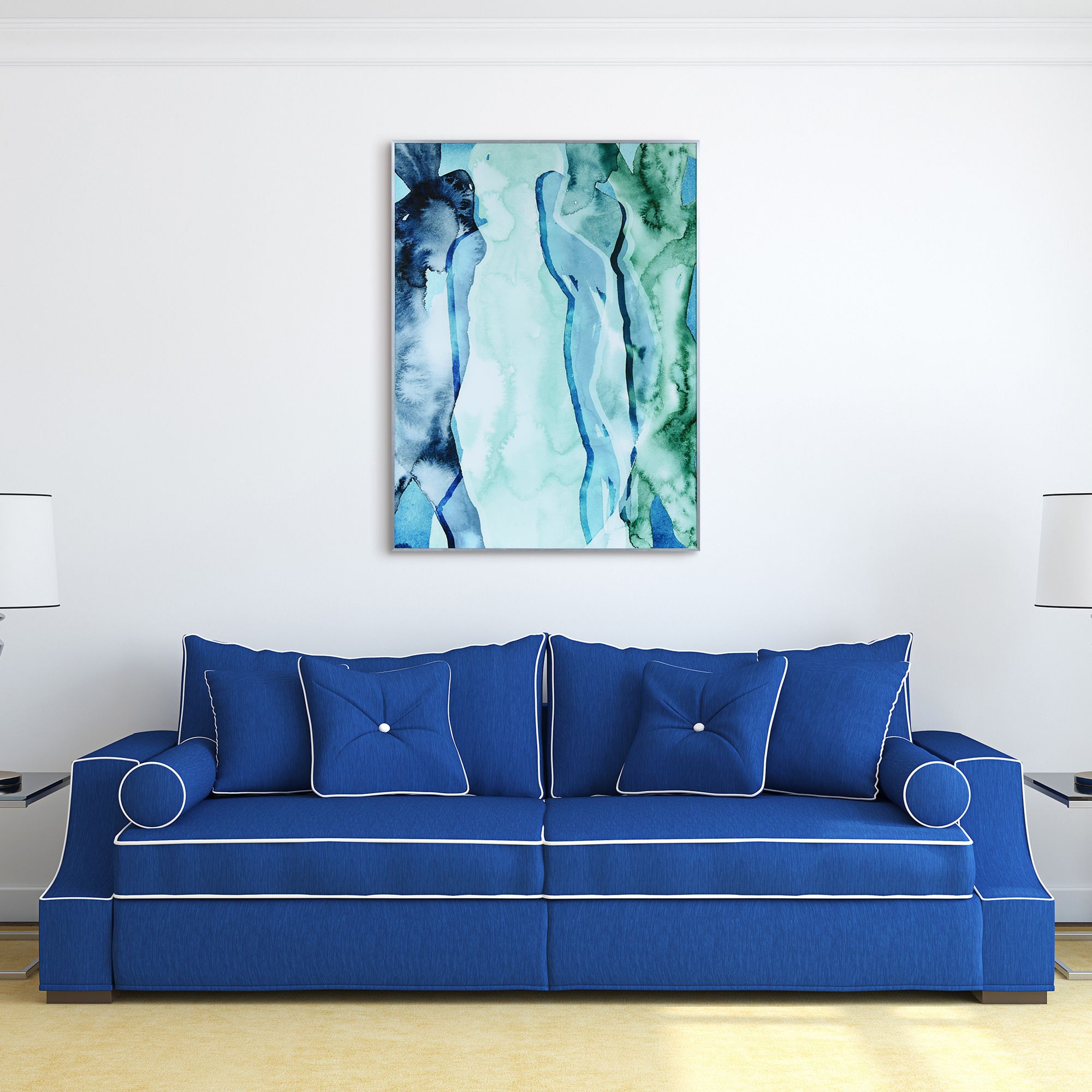 Blue Silhouette 40" High Abstract Framed Glass Wall Art