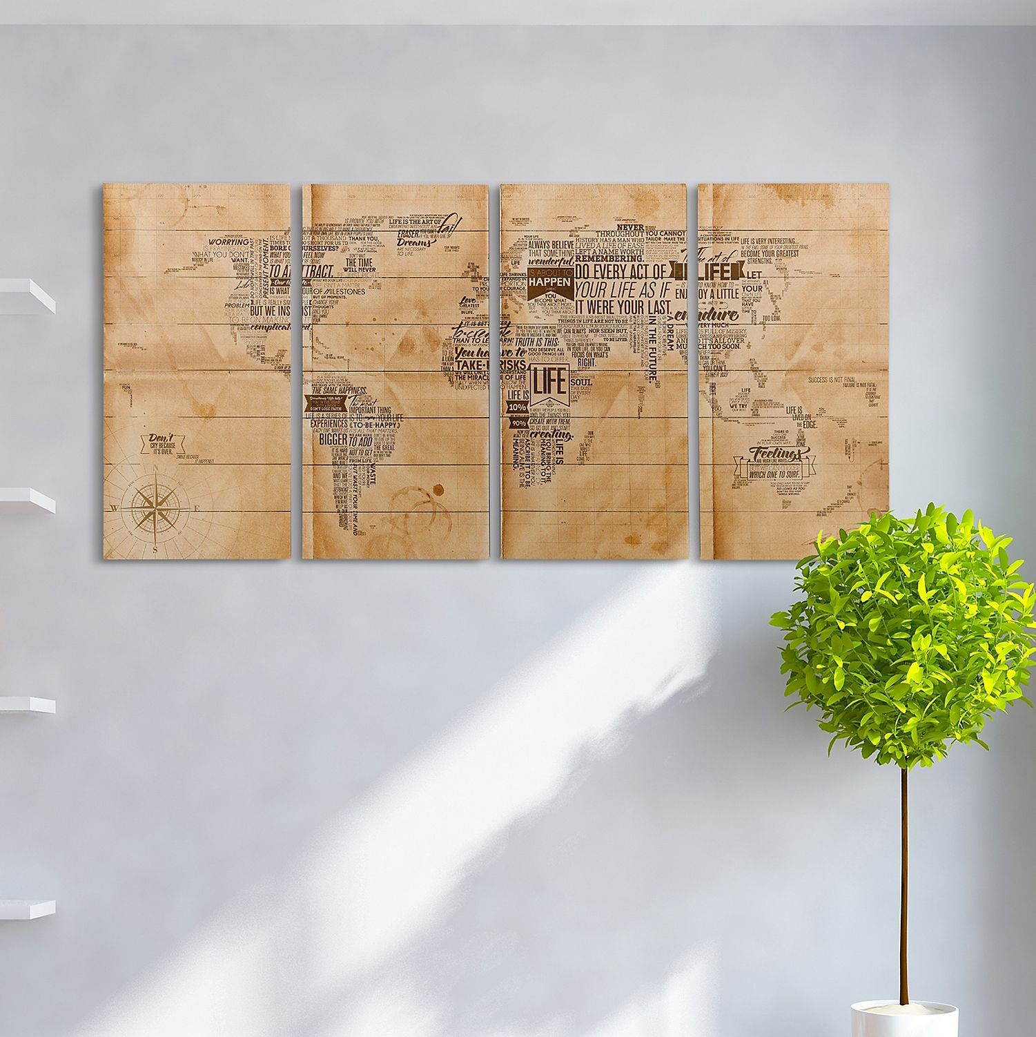 World Map Arte de Legno 60" Wide Quadriptych Wood Wall Art