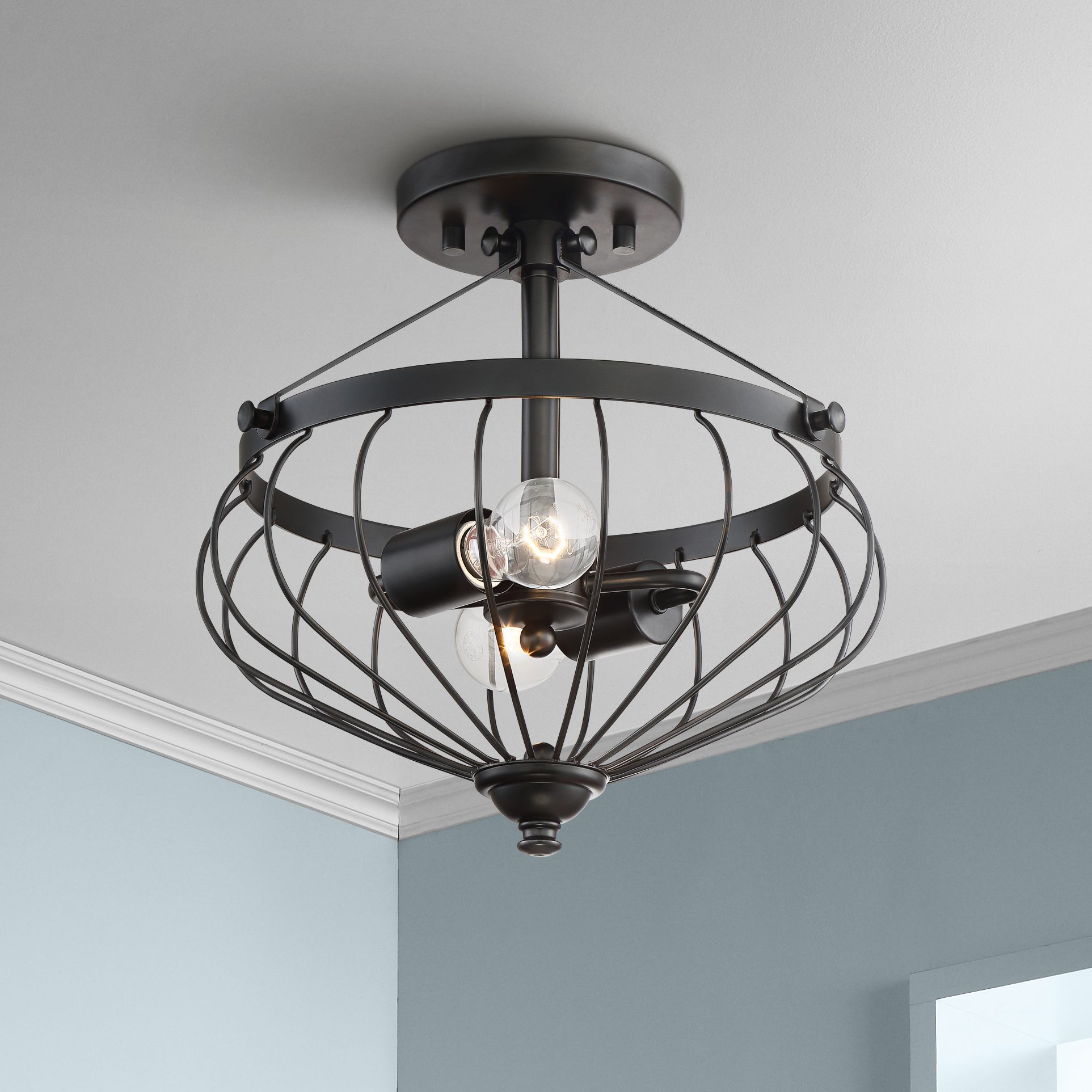 Wilson 13 3/4" Wide Black Tulip Cage 2-Light Ceiling Light