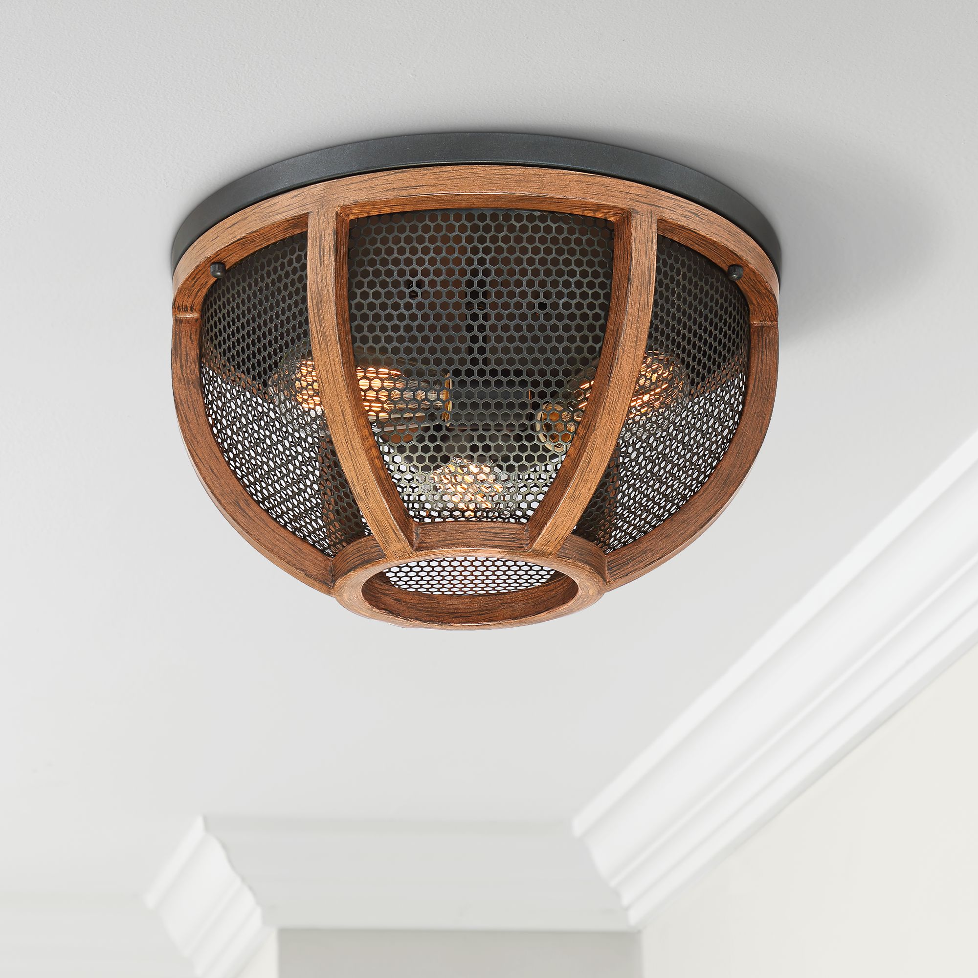 Possini Euro Eleri 13" Wide Wood and Mesh Dome Ceiling Light