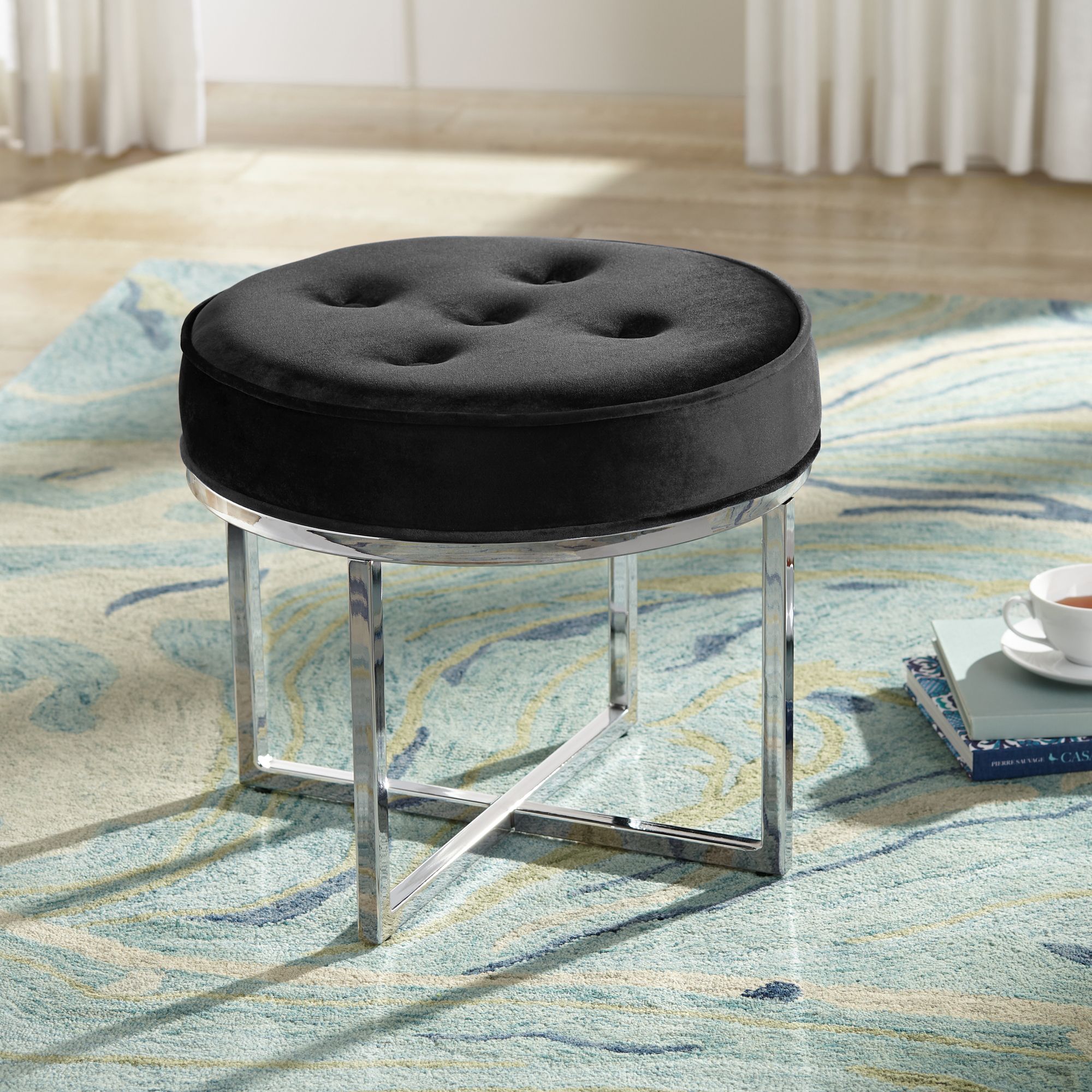 Priscilla Black Velvet Tufted Metal Round Accent Stool 65R46 Lamps