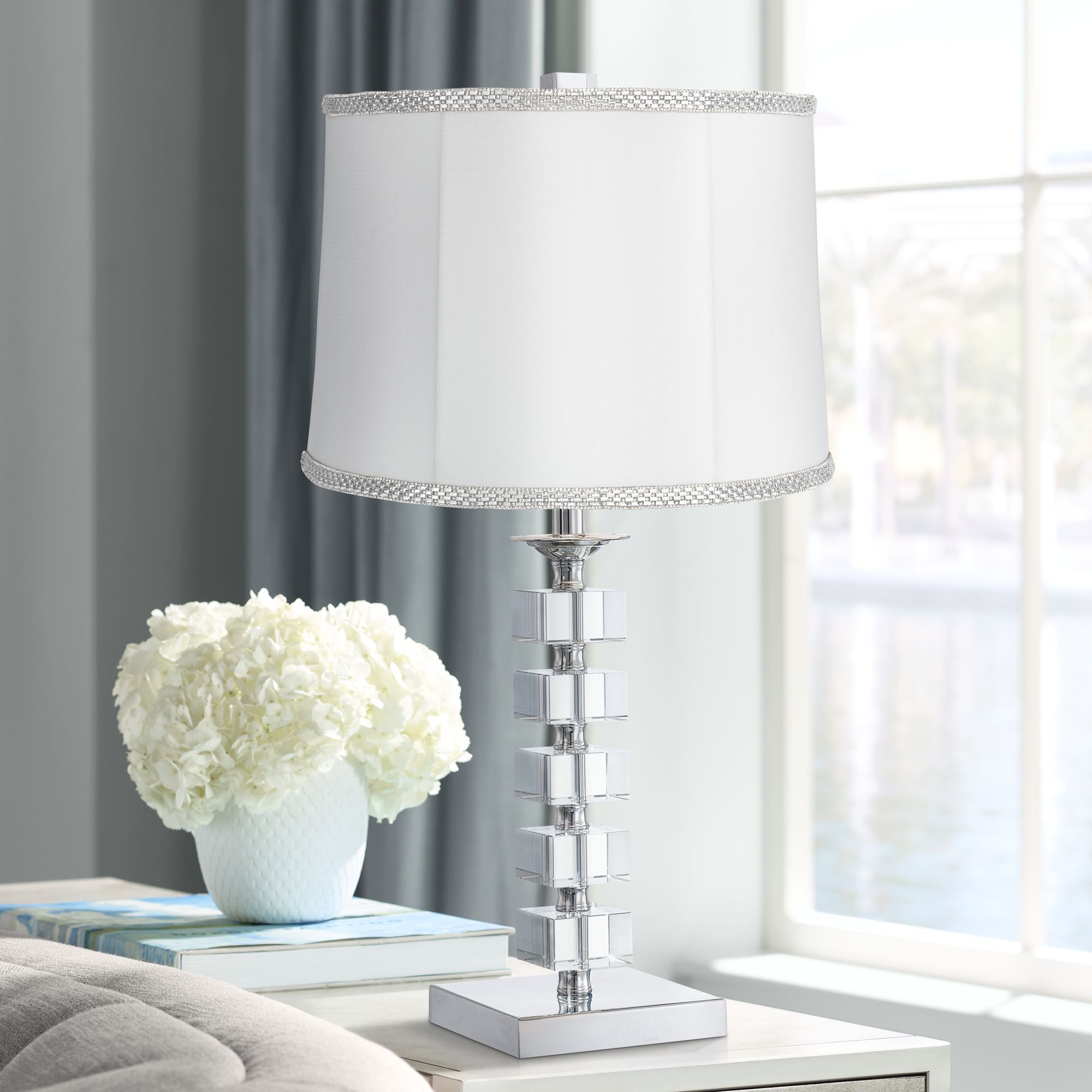 Stacked Cubes Crystal Table Lamp with White Rhinestone Shade