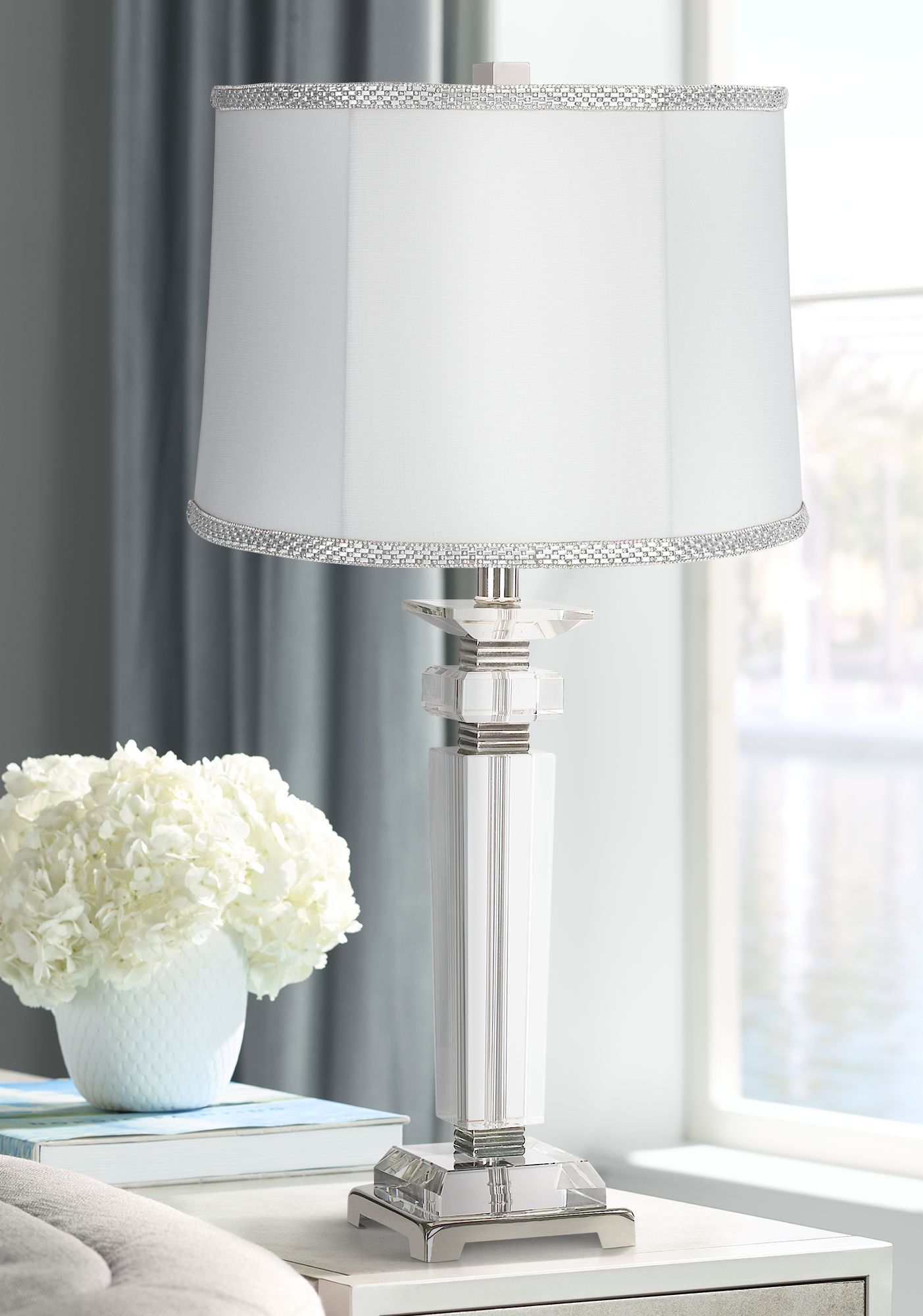Square Crystal Column Table Lamp with White Rhinestone Shade