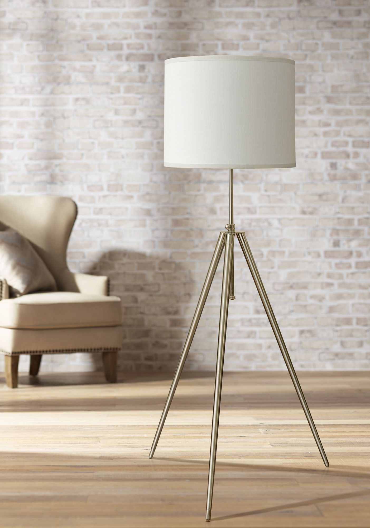 Brushed Steel Tripod Floor Lamp with White Shade